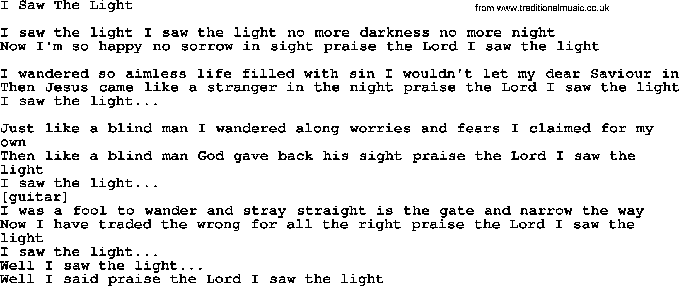 Willie Nelson song: I Saw The Light lyrics