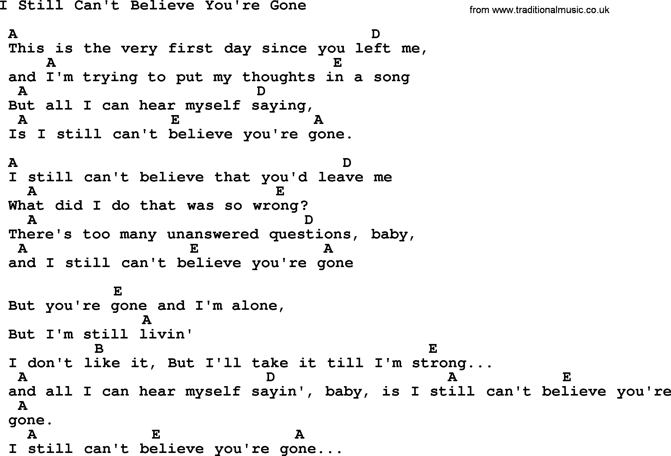 Willie Nelson song: I Still Can't Believe You're Gone, lyrics and chords