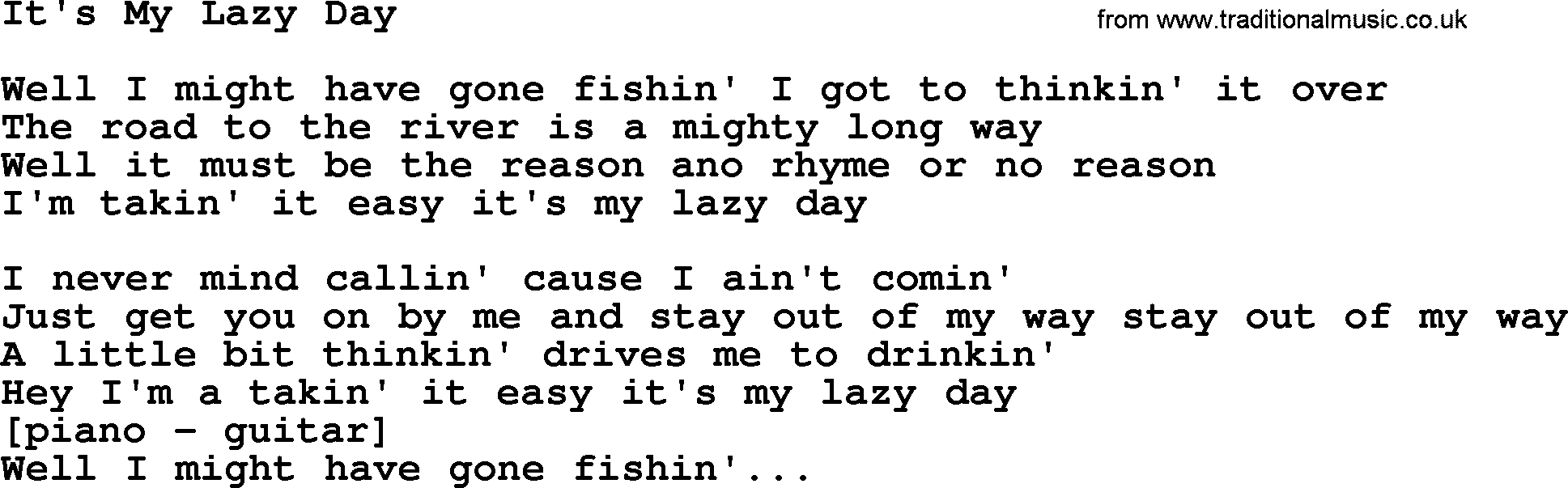 Willie Nelson song: It's My Lazy Day lyrics