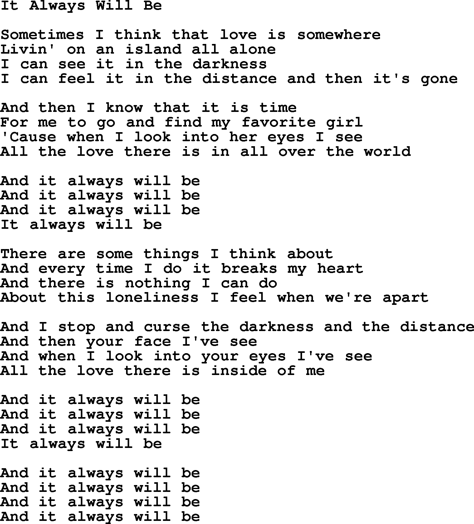 Willie Nelson song: It Always Will Be lyrics