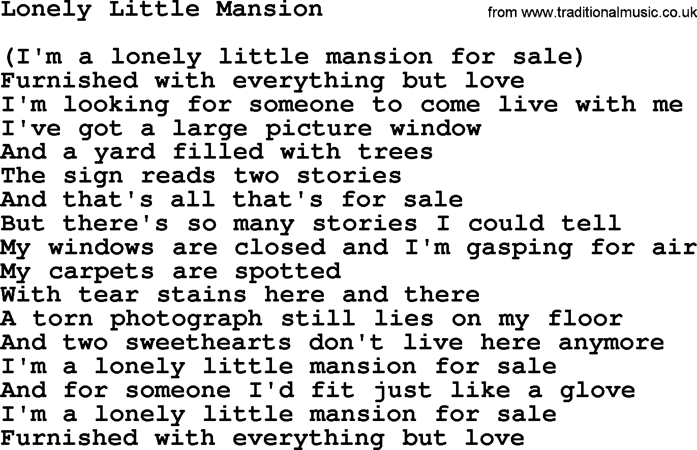 Willie Nelson song: Lonely Little Mansion lyrics