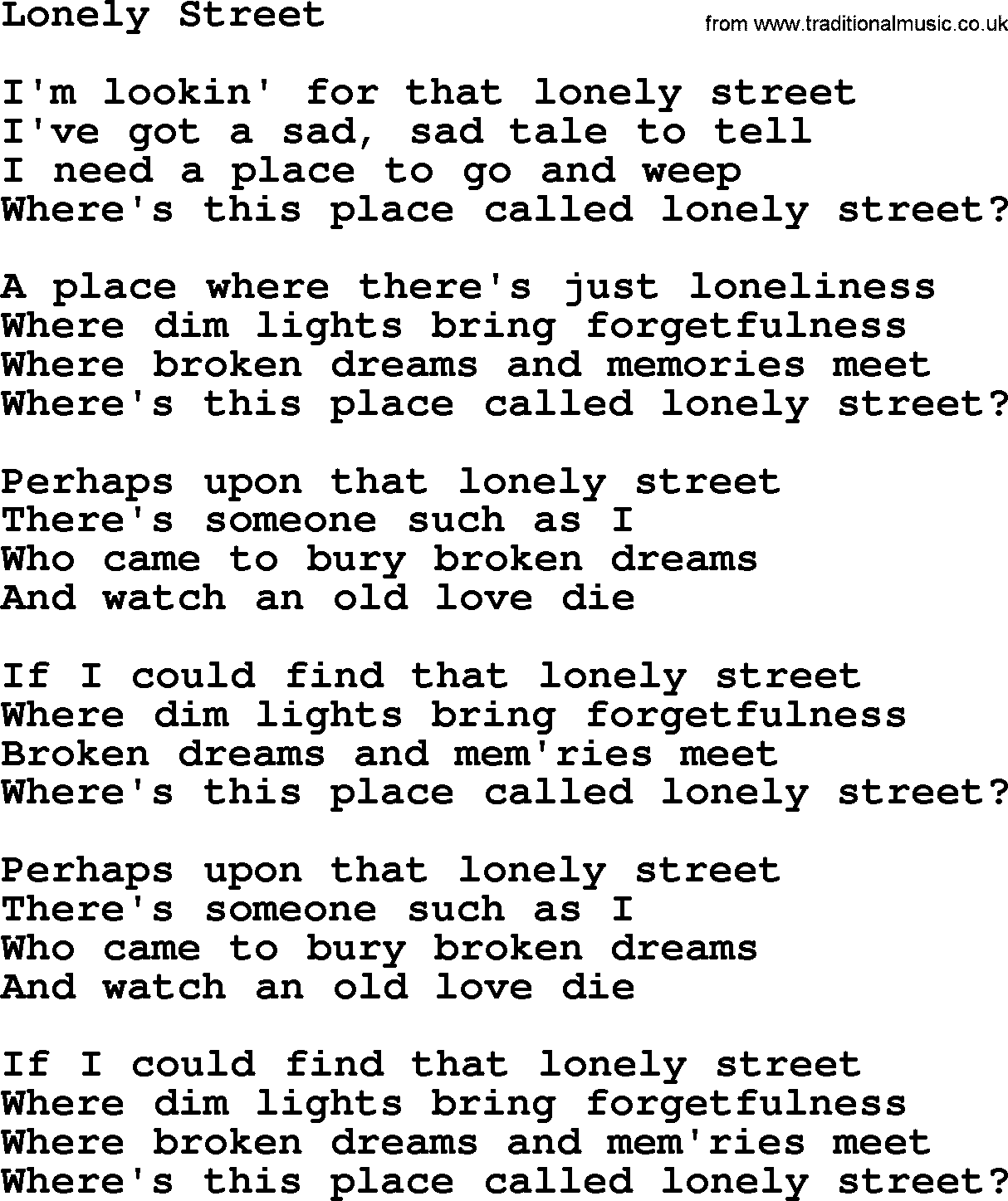 Willie Nelson song: Lonely Street lyrics