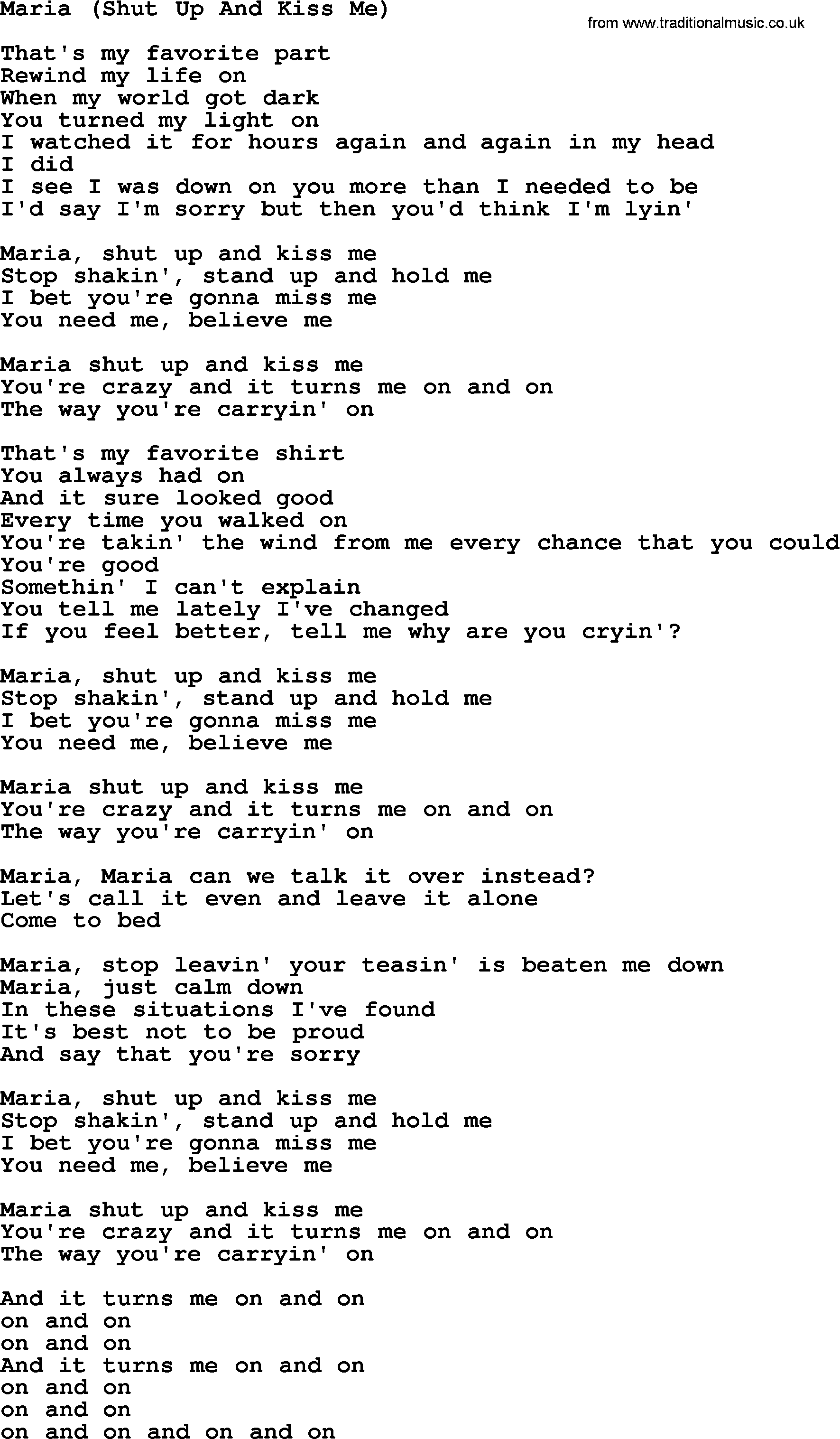 Willie Nelson song: Maria (Shut Up And Kiss Me) lyrics