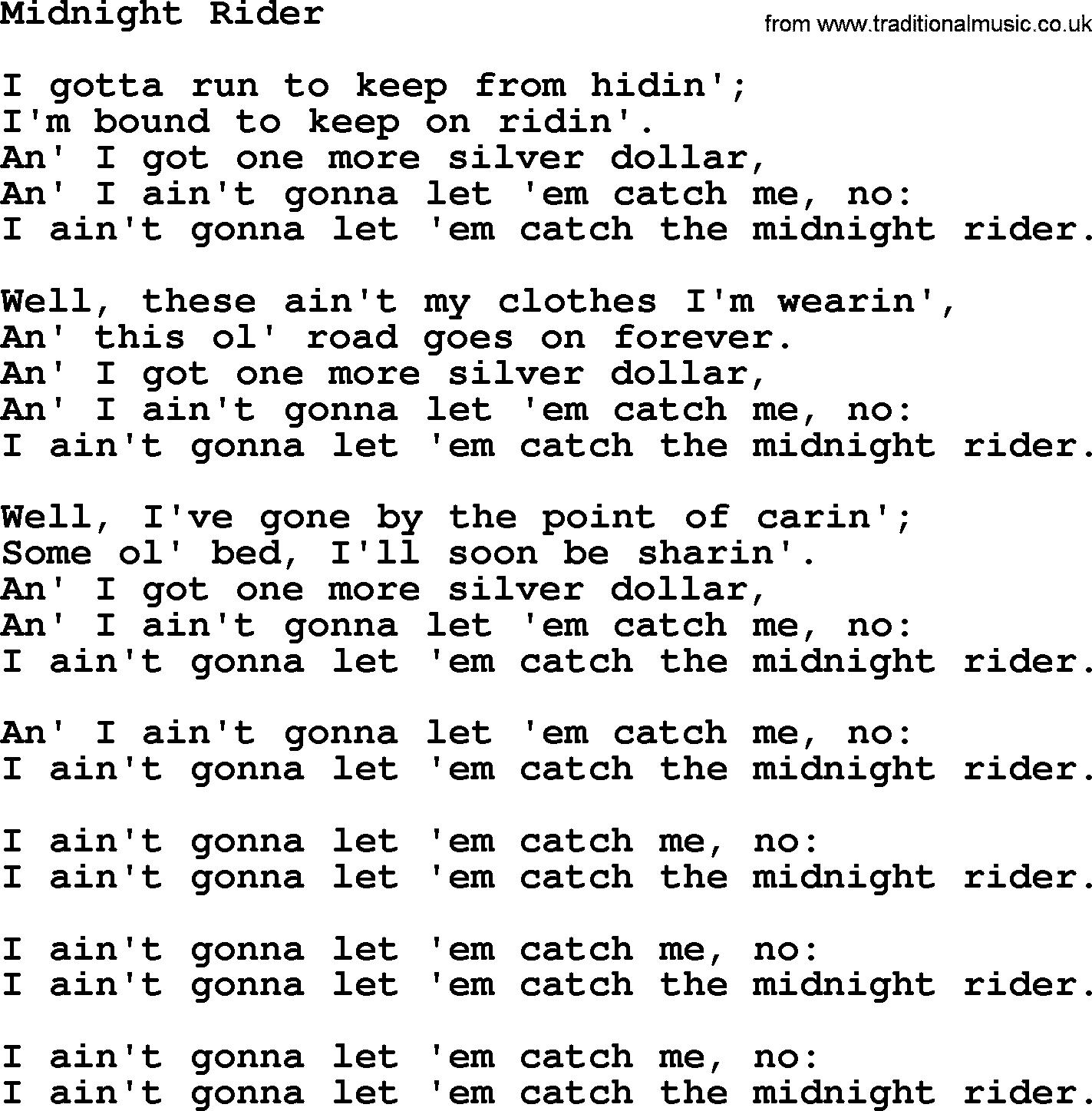 Willie Nelson song: Midnight Rider lyrics