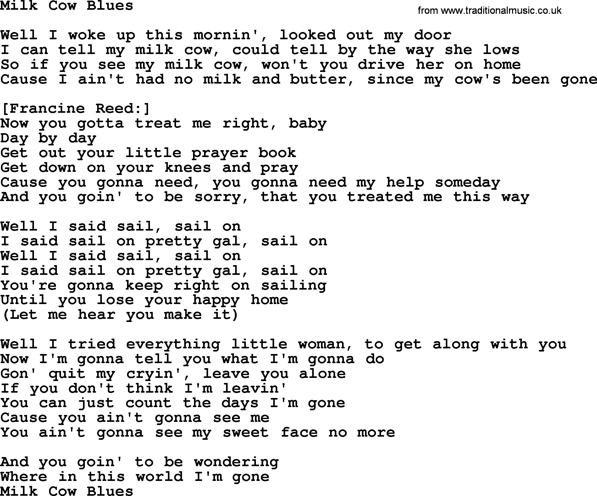 Willie Nelson song: Milk Cow Blues lyrics