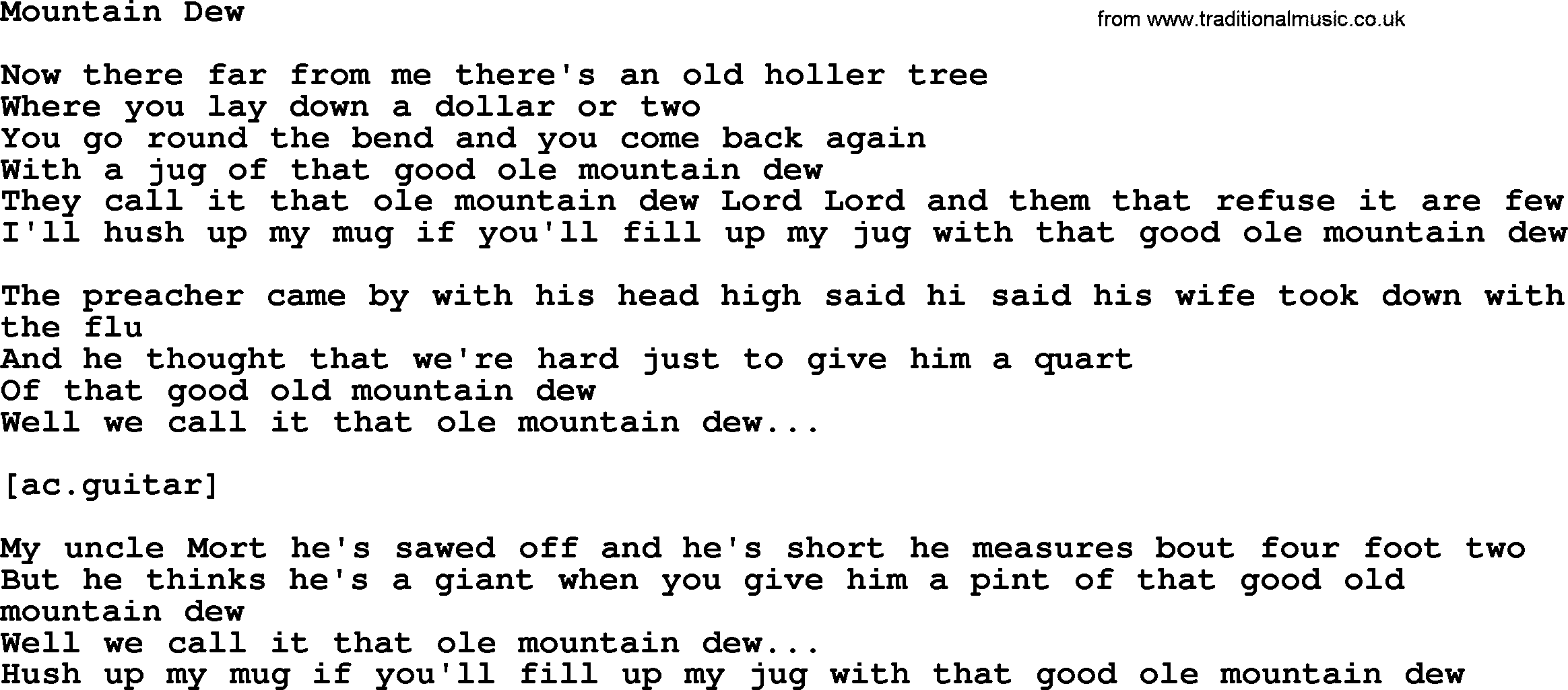 Willie Nelson song: Mountain Dew lyrics