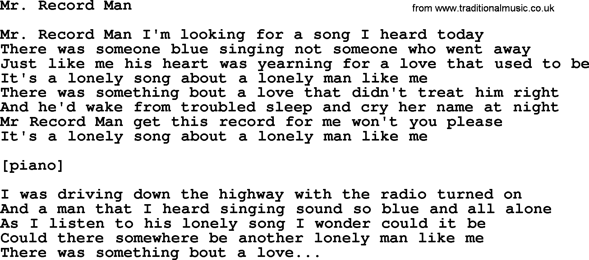 Willie Nelson song: Mr. Record Man lyrics