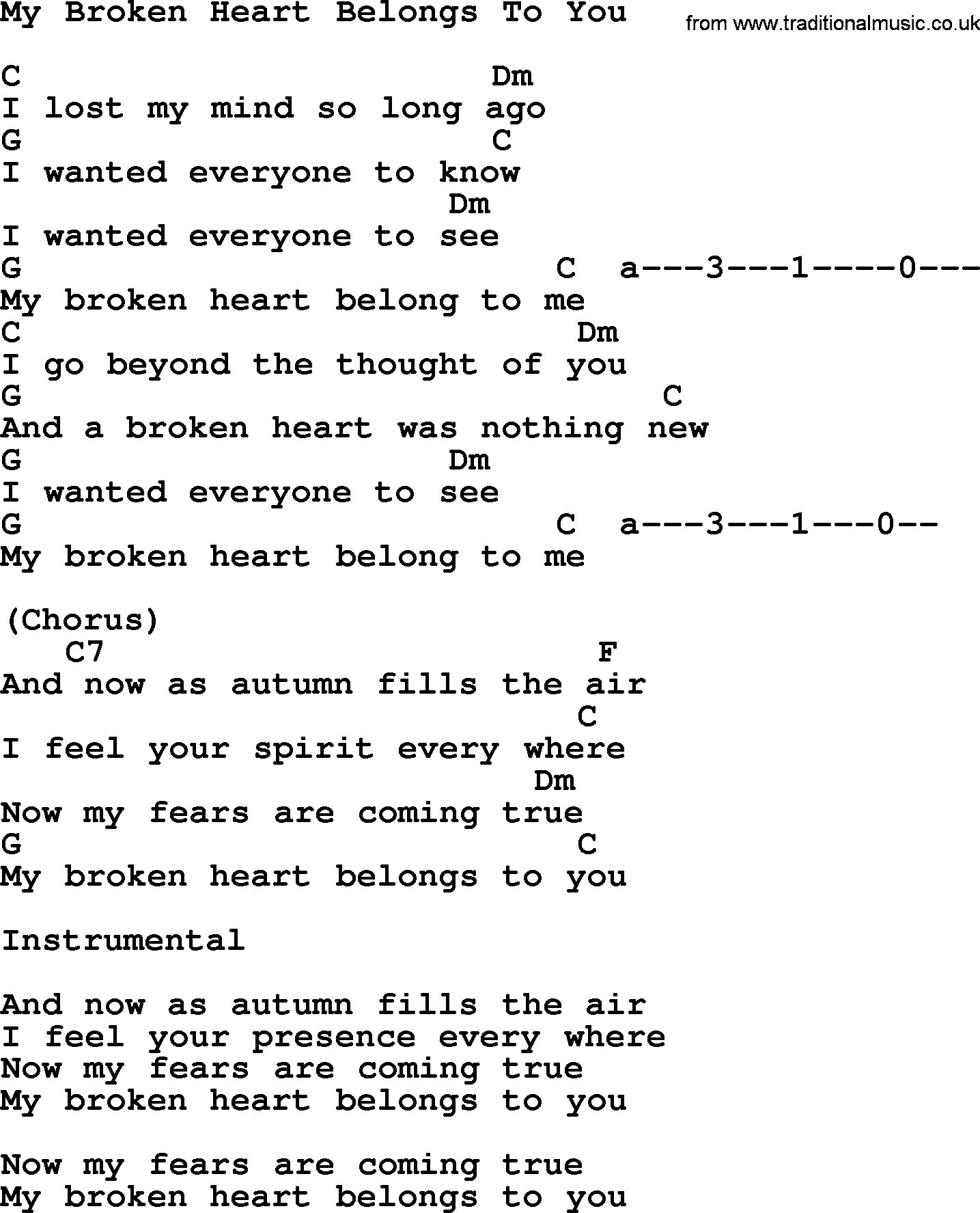 Willie Nelson song: My Broken Heart Belongs To You, lyrics and chords