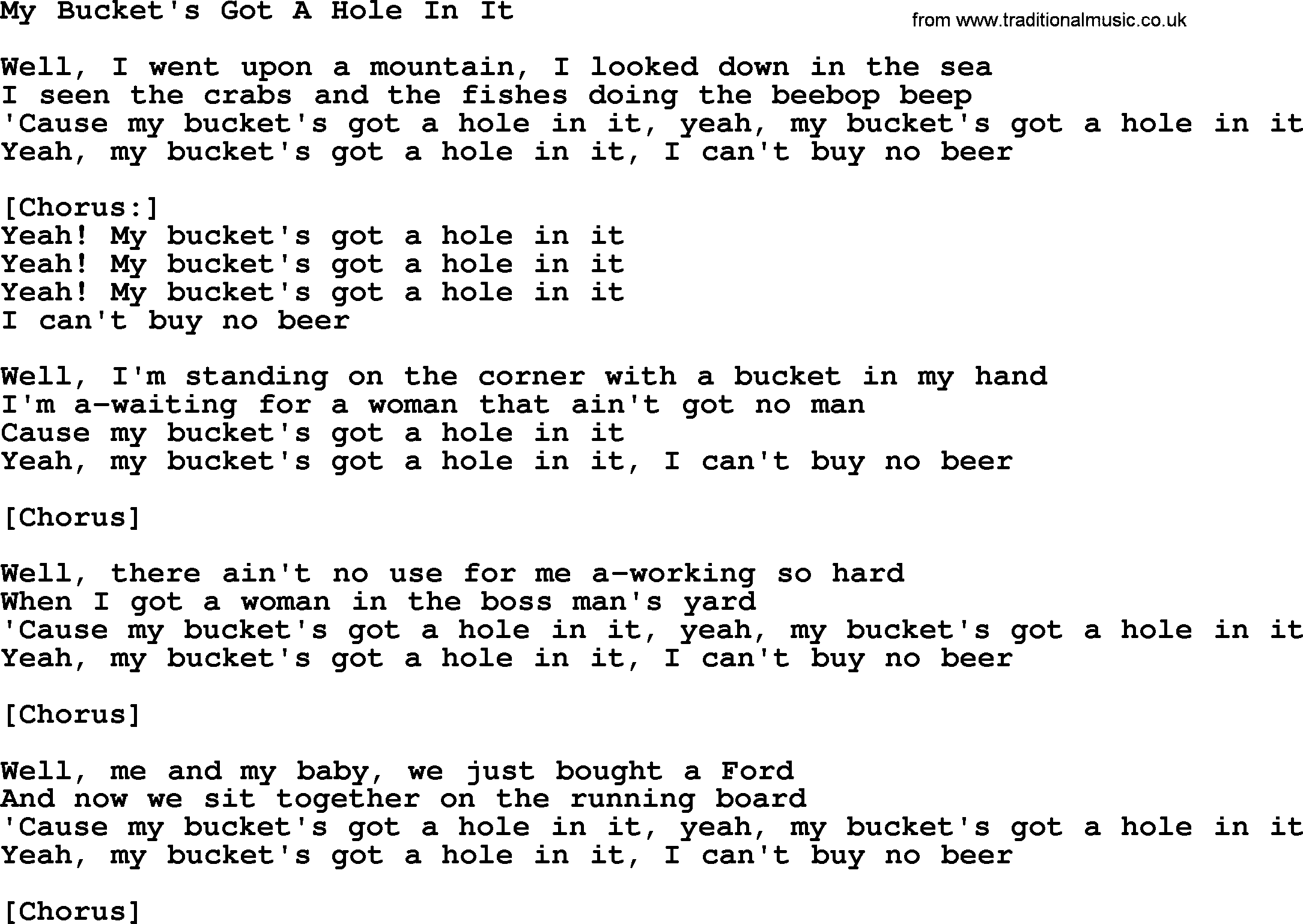 Willie Nelson song: My Bucket's Got A Hole In It lyrics