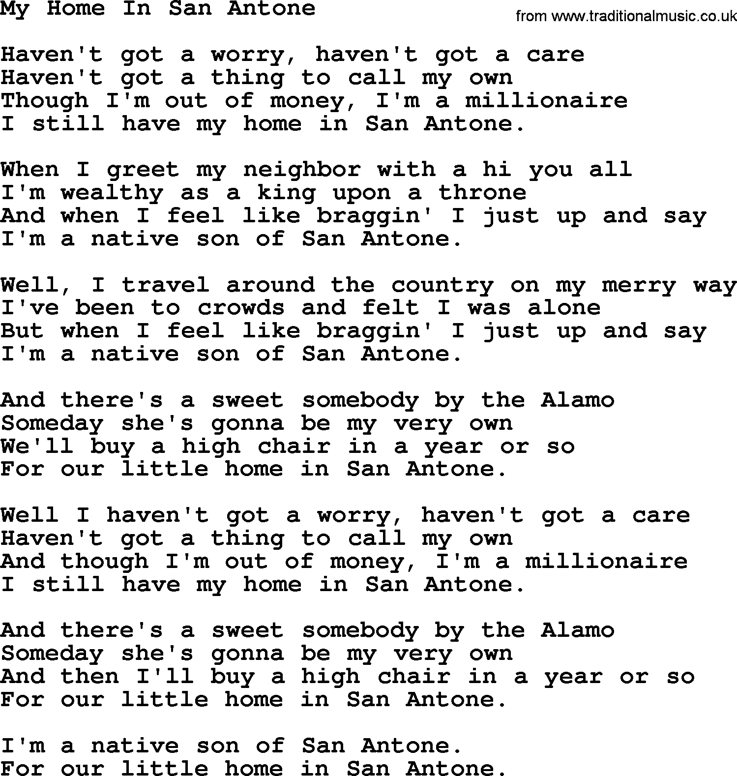 Willie Nelson song: My Home In San Antone lyrics