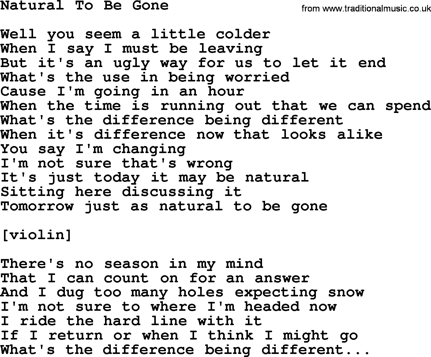 Willie Nelson song: Natural To Be Gone lyrics
