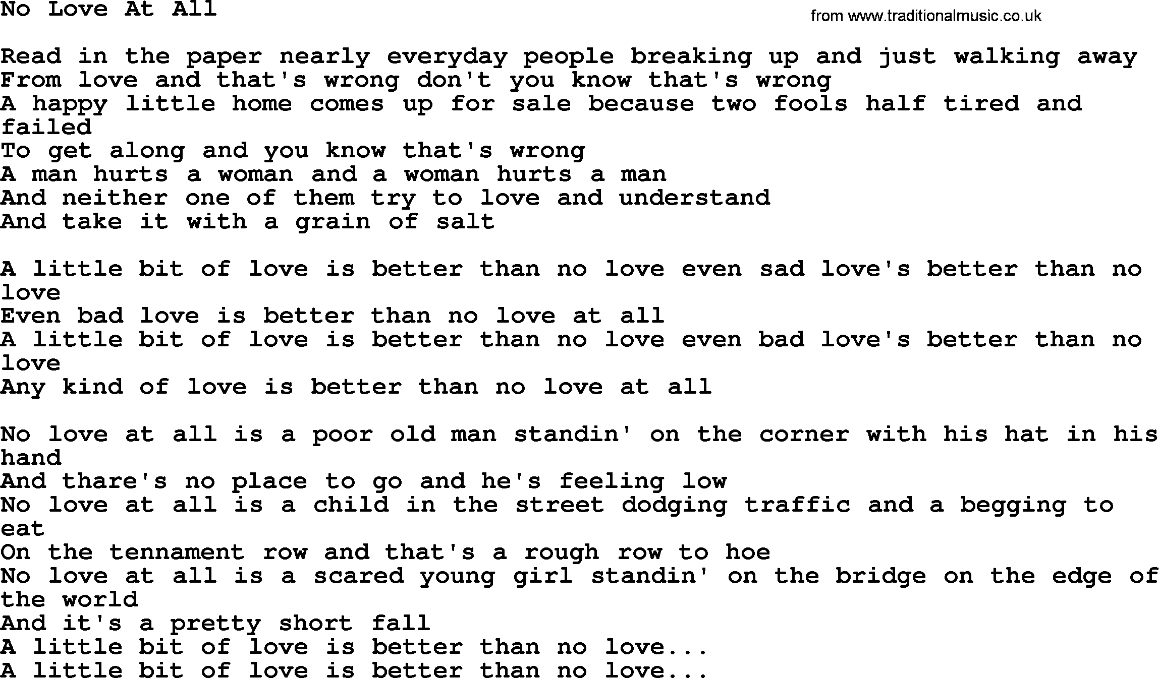 Willie Nelson song: No Love At All lyrics
