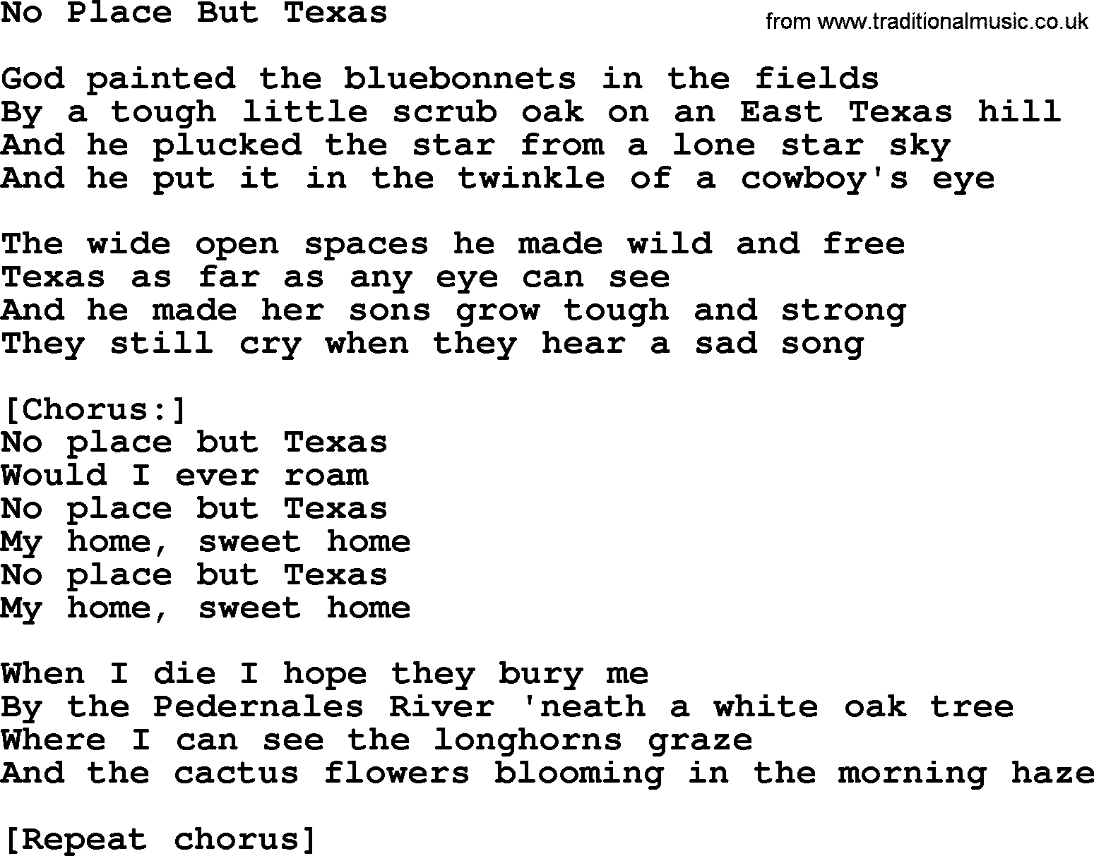 Willie Nelson song: No Place But Texas lyrics