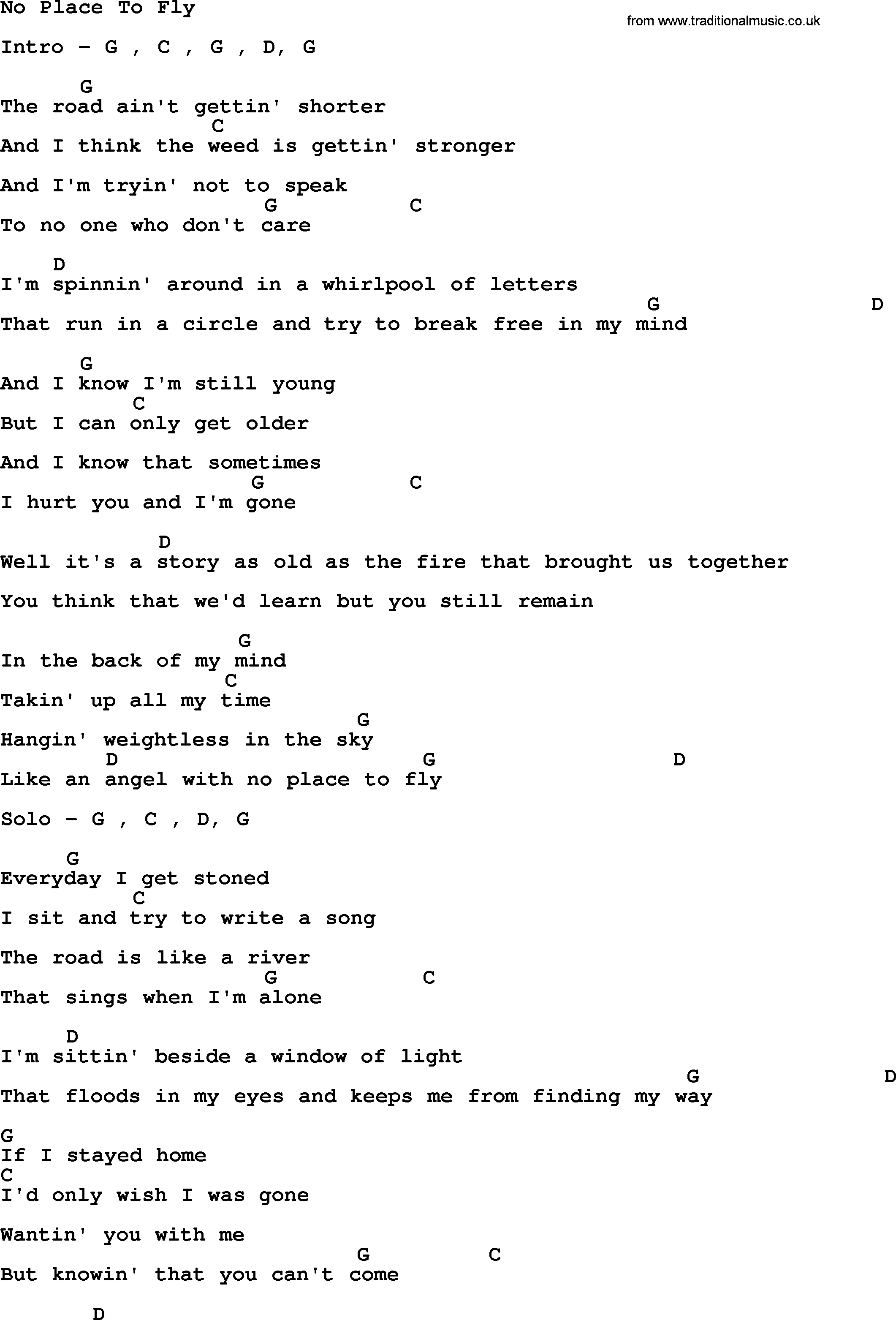 Willie Nelson song: No Place To Fly, lyrics and chords