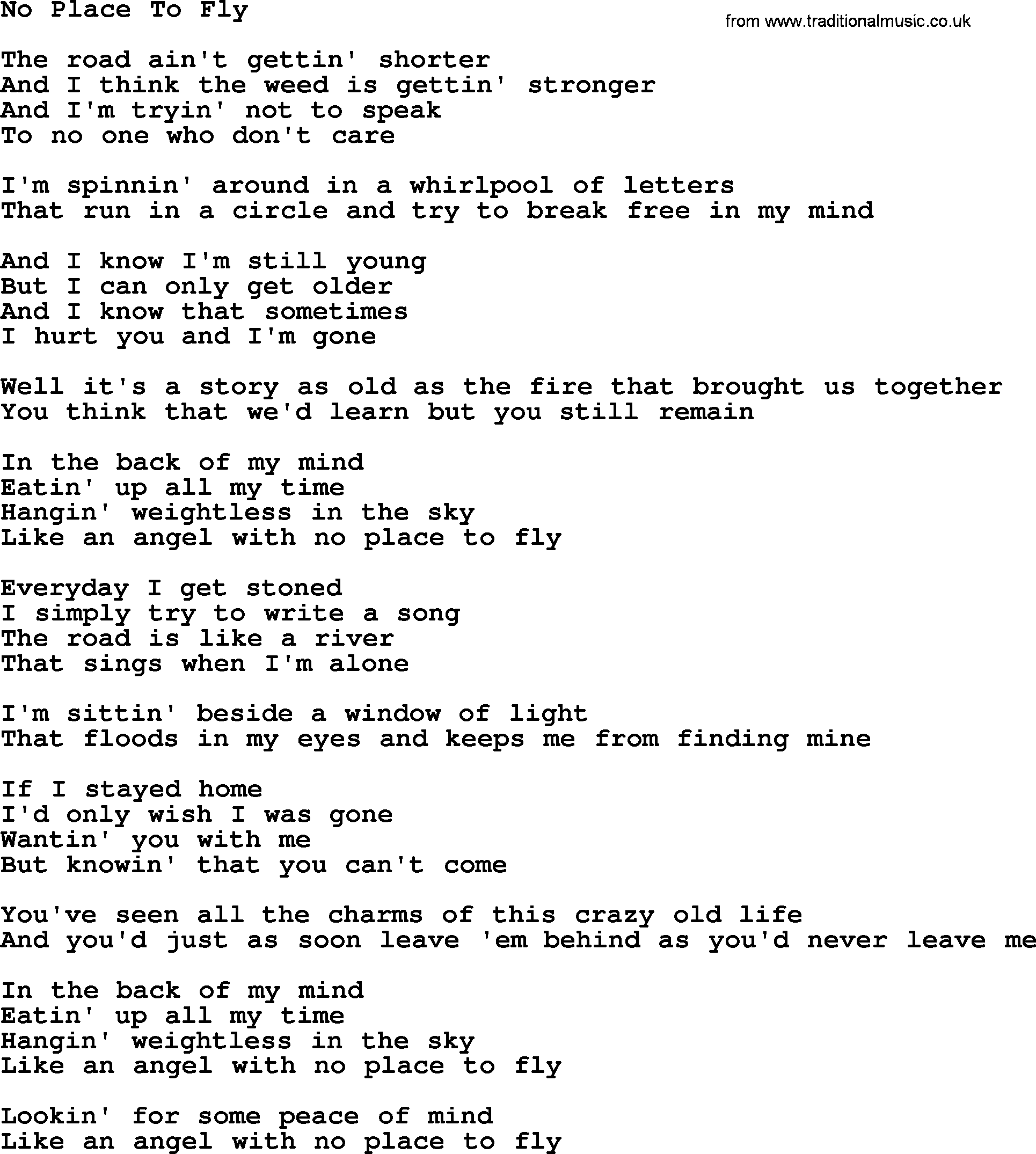 Willie Nelson song: No Place To Fly lyrics