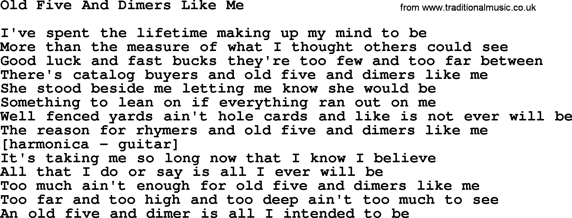 Willie Nelson song: Old Five And Dimers Like Me lyrics