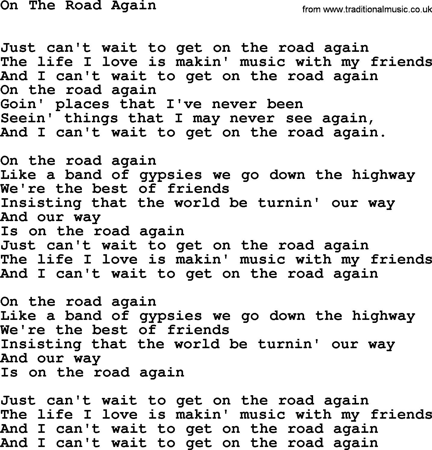 Willie Nelson song: On The Road Again lyrics