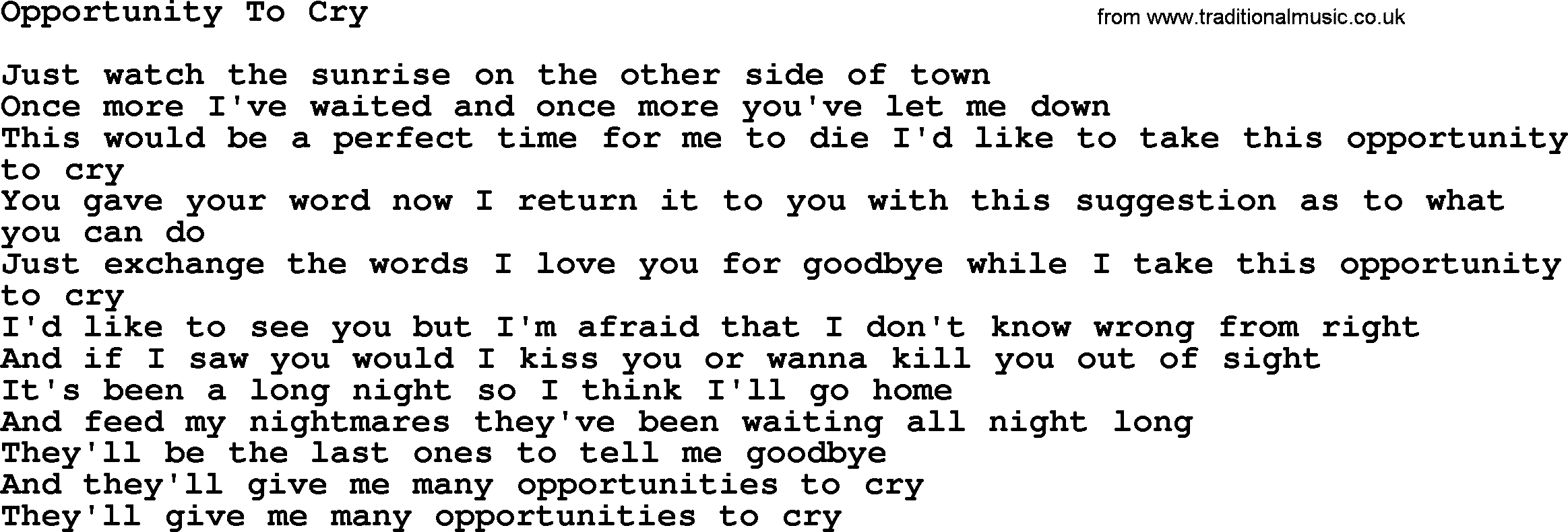 Willie Nelson song: Opportunity To Cry lyrics