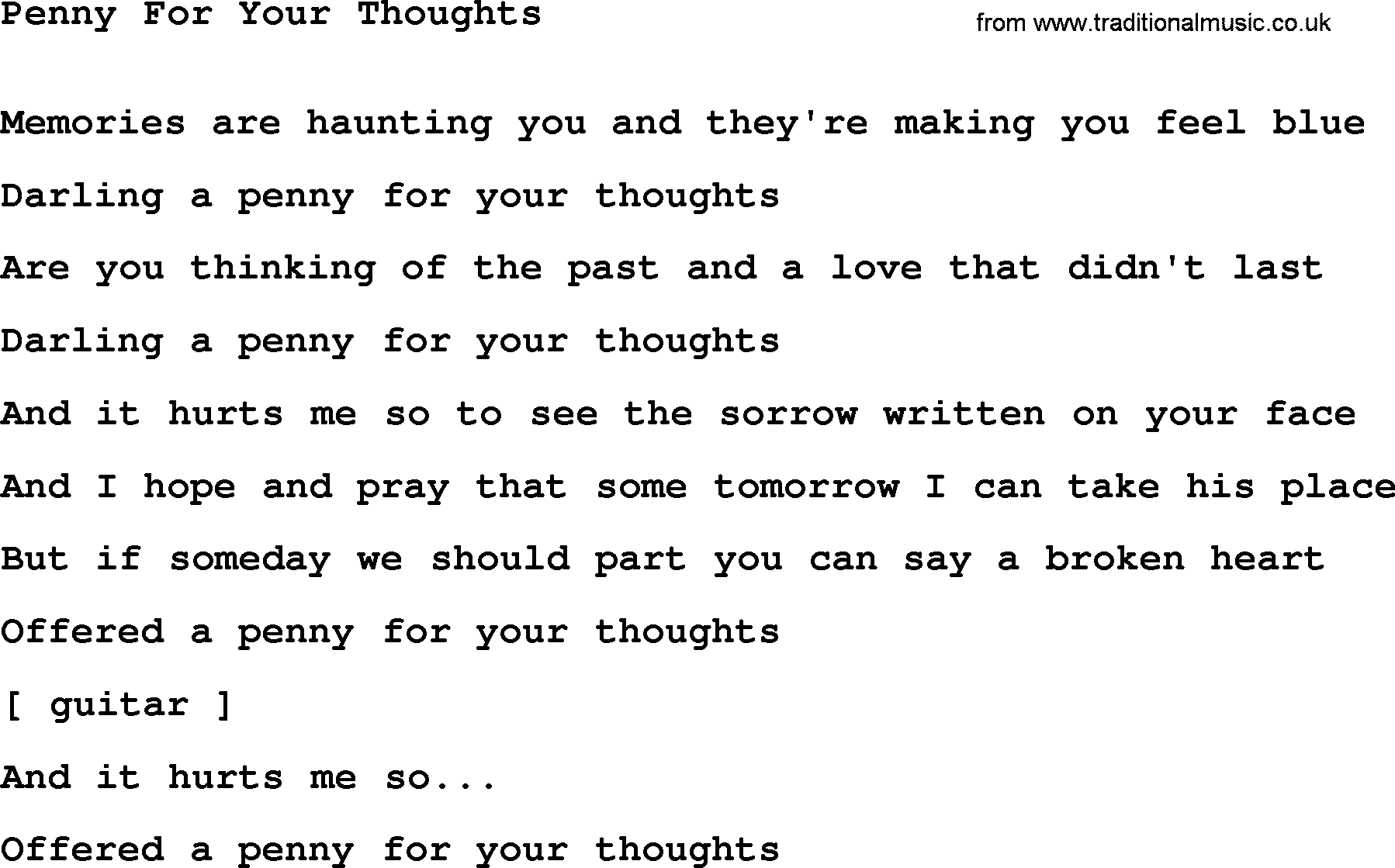 Willie Nelson song: Penny For Your Thoughts lyrics