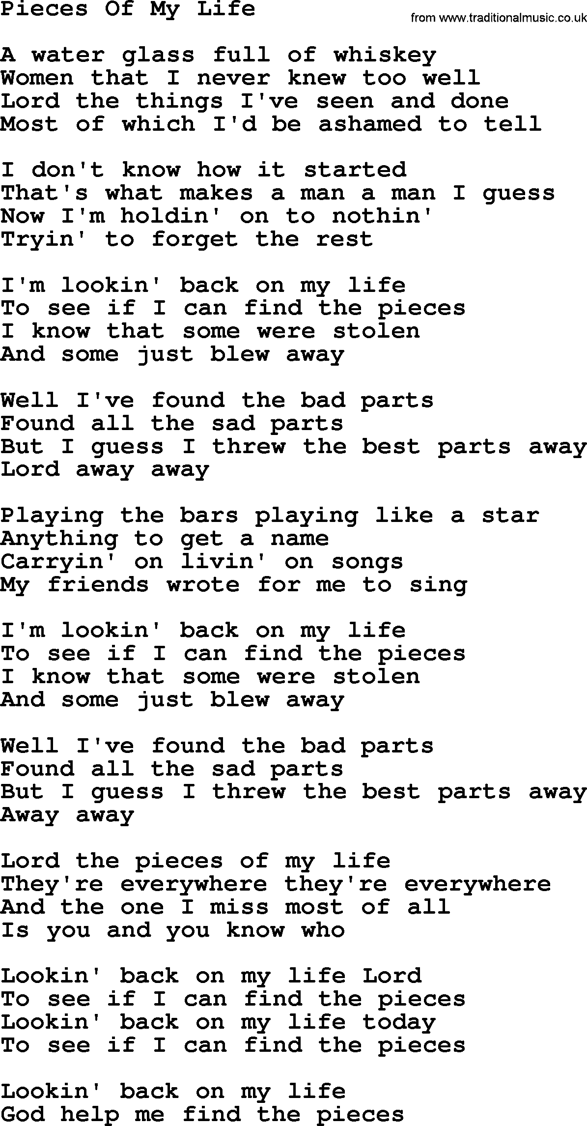 Willie Nelson song: Pieces Of My Life lyrics