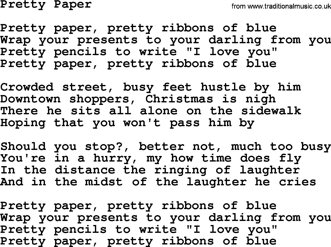 Willie Nelson song: Pretty Paper lyrics