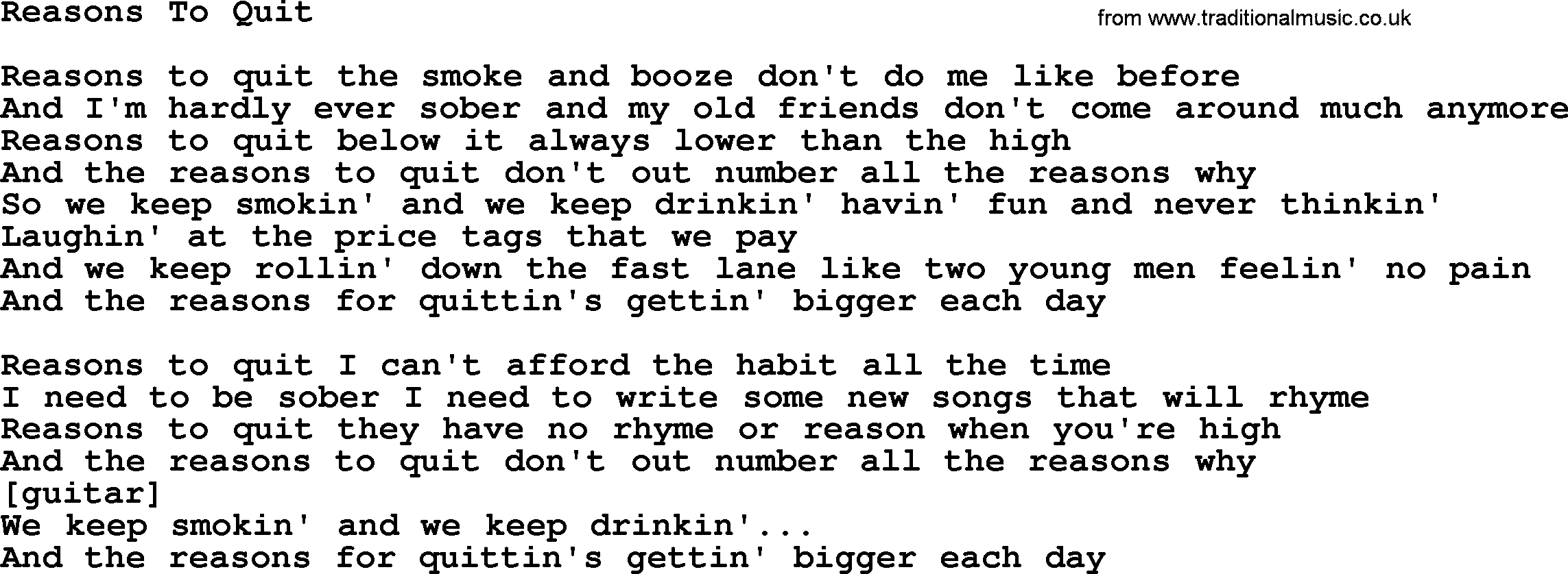 Willie Nelson song: Reasons To Quit lyrics