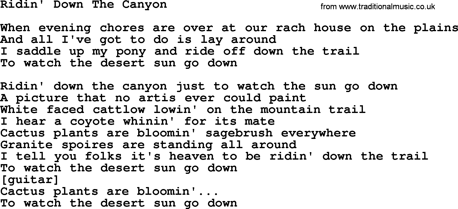 Willie Nelson song: Ridin' Down The Canyon lyrics