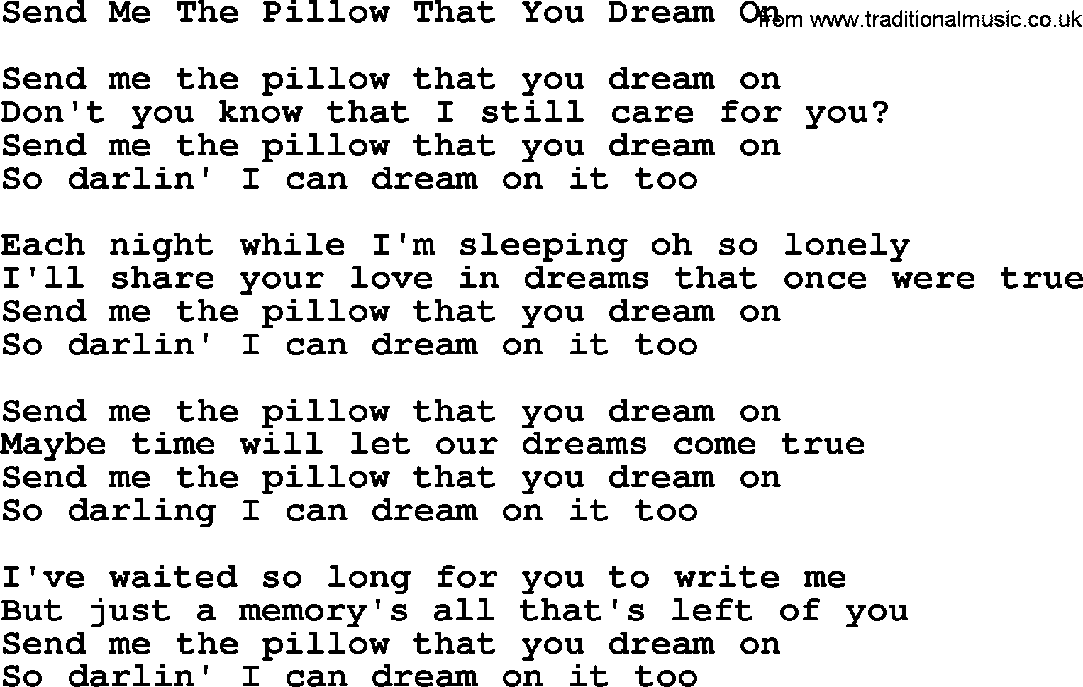 Willie Nelson song: Send Me The Pillow That You Dream On lyrics
