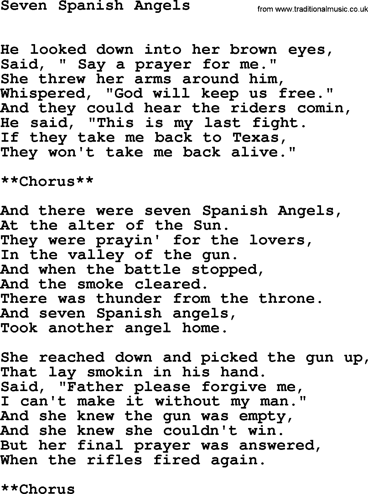 Willie Nelson song: Seven Spanish Angels lyrics