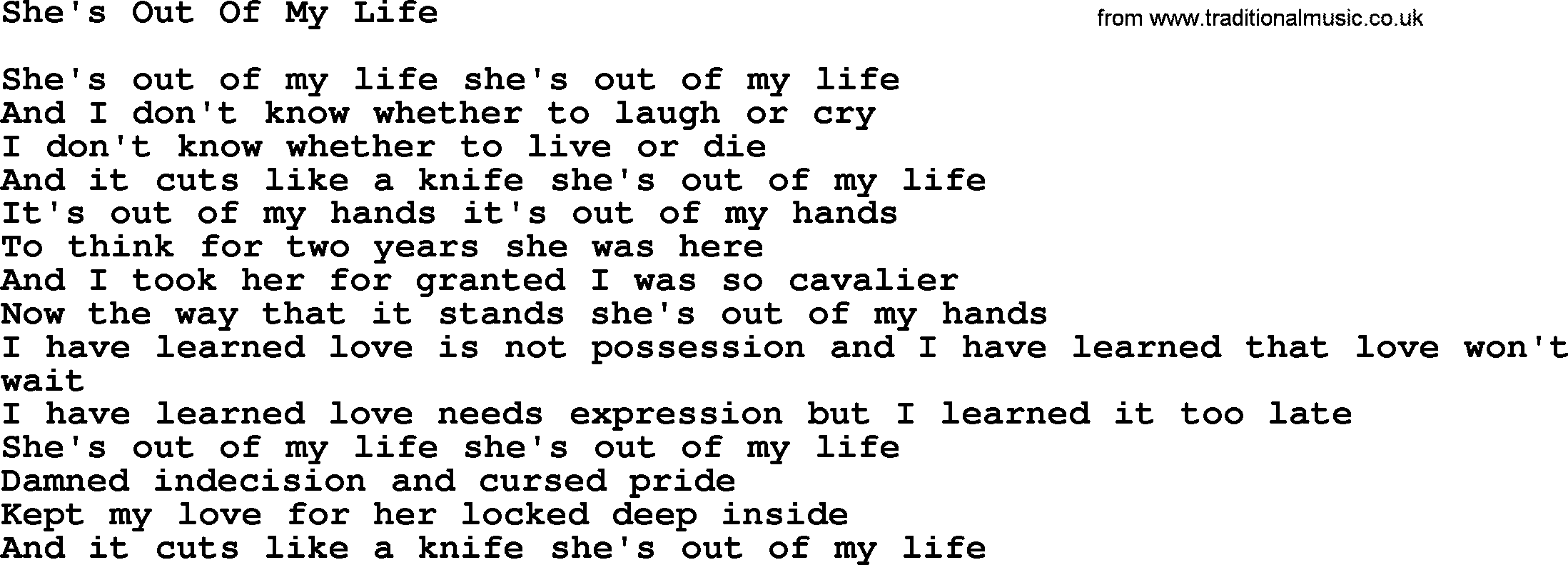 Willie Nelson song: She's Out Of My Life lyrics