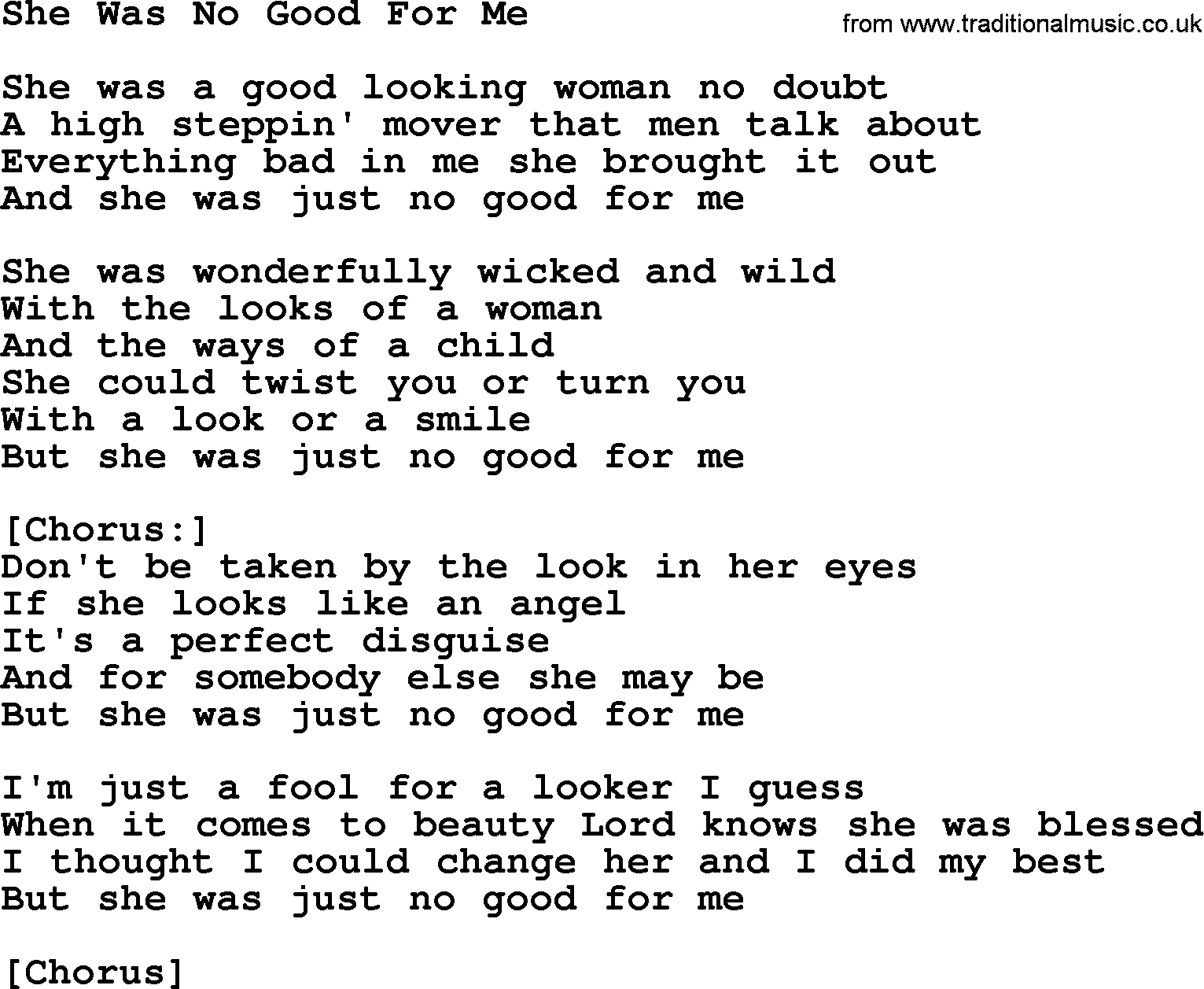 Willie Nelson song: She Was No Good For Me lyrics