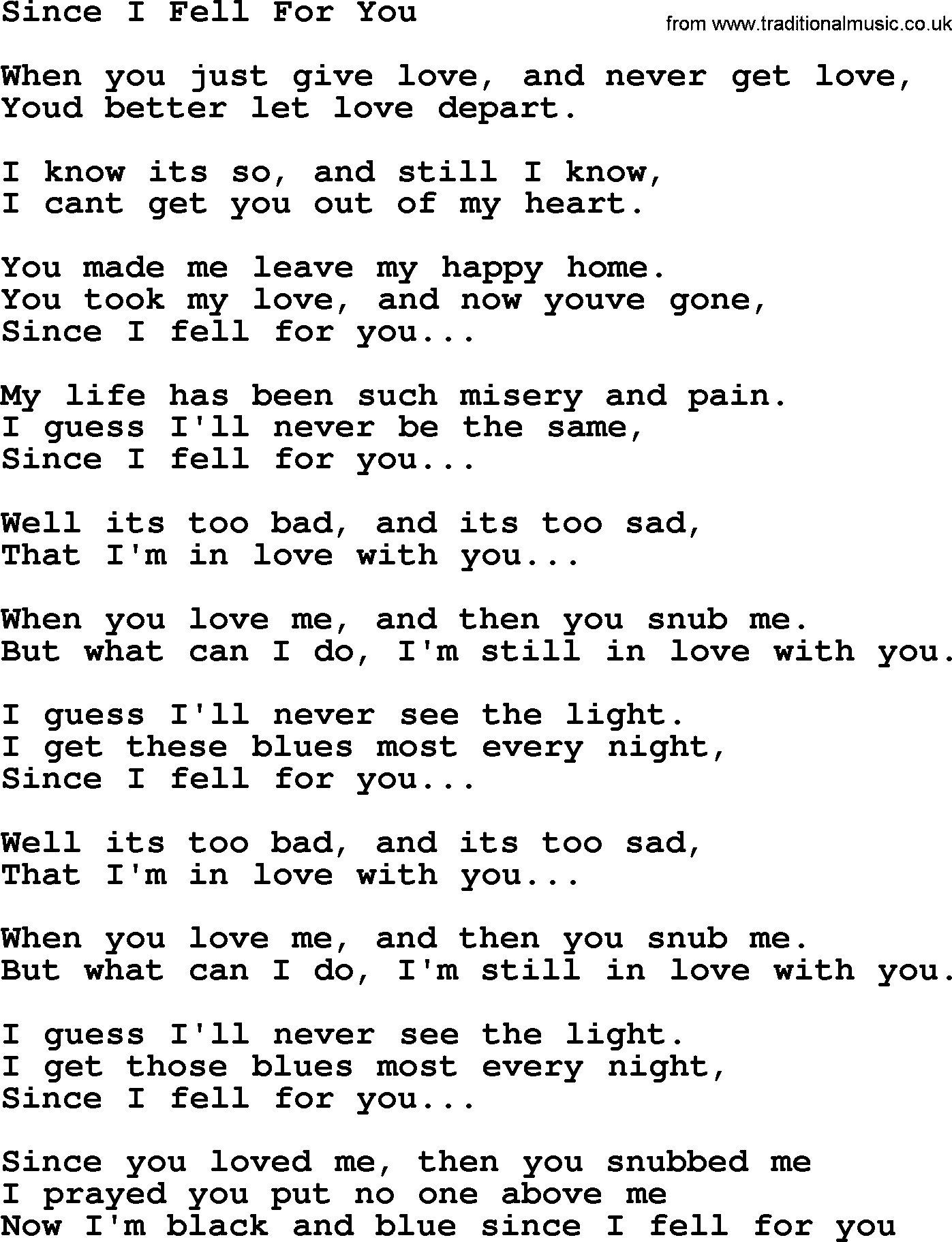 Willie Nelson song: Since I Fell For You lyrics