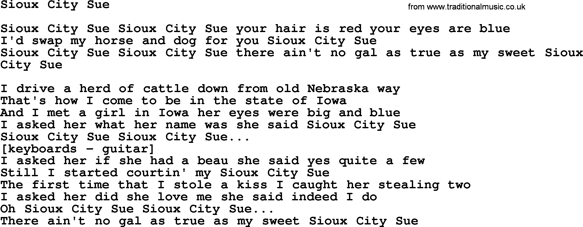 Willie Nelson song: Sioux City Sue lyrics