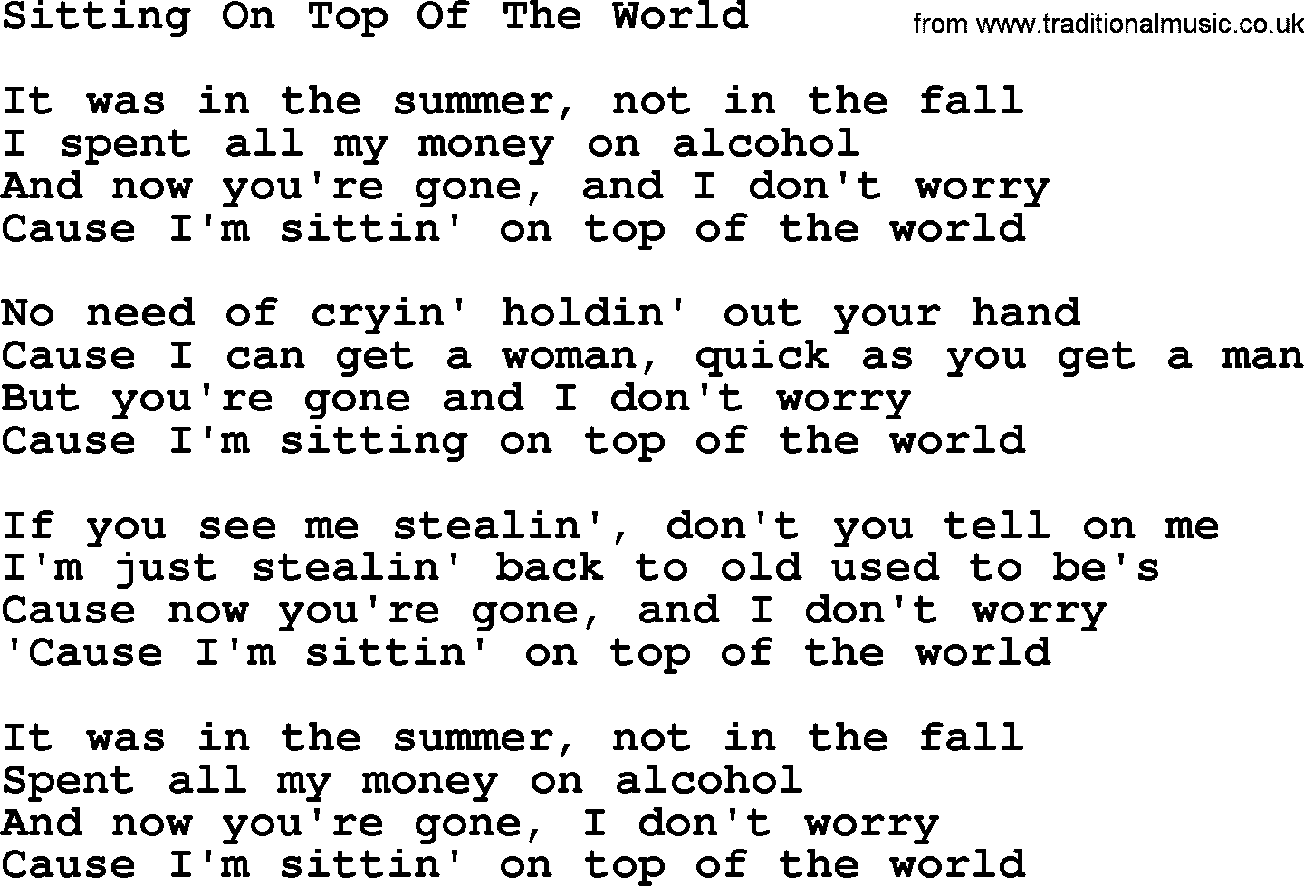 Willie Nelson song: Sitting On Top Of The World lyrics