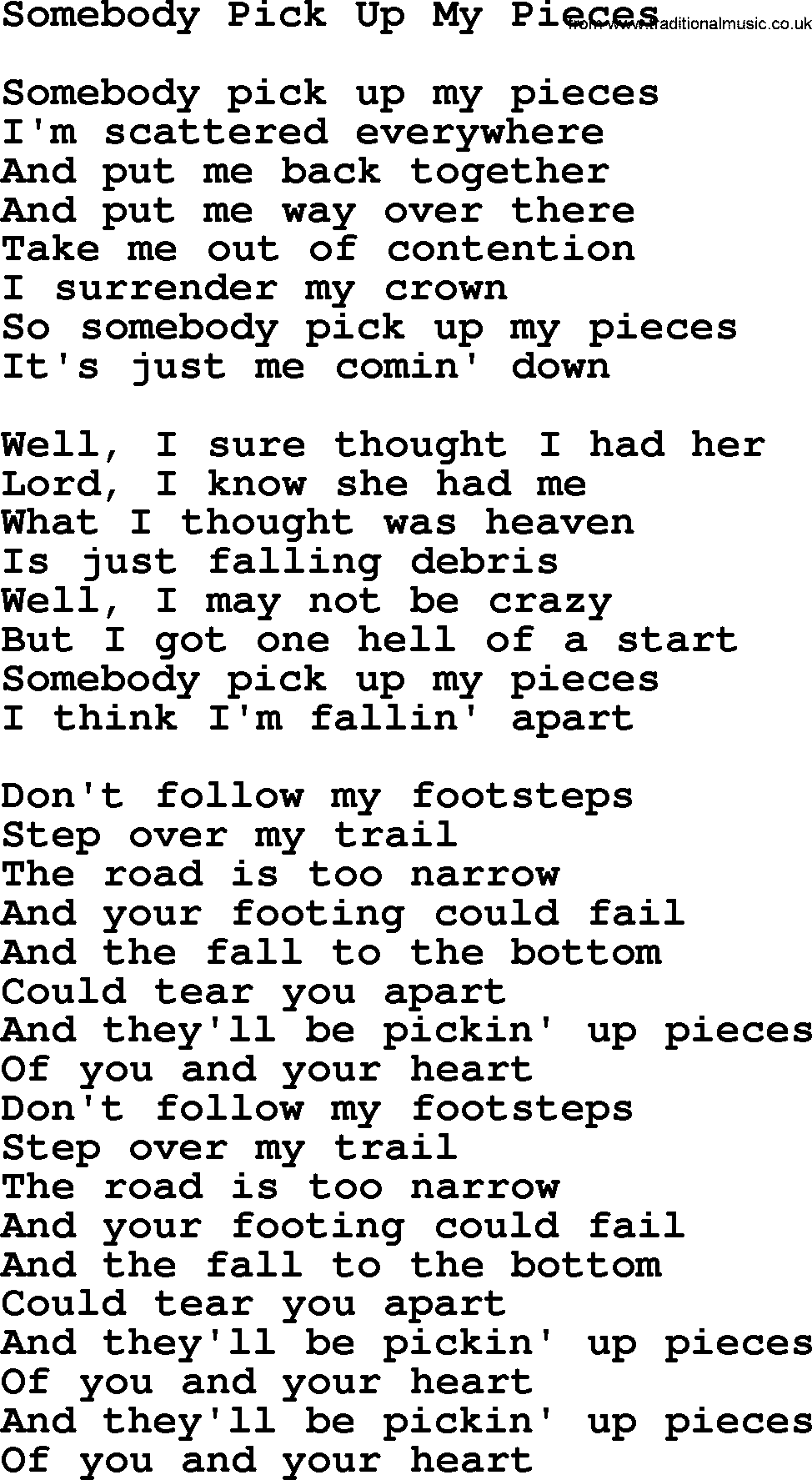 Willie Nelson song: Somebody Pick Up My Pieces lyrics