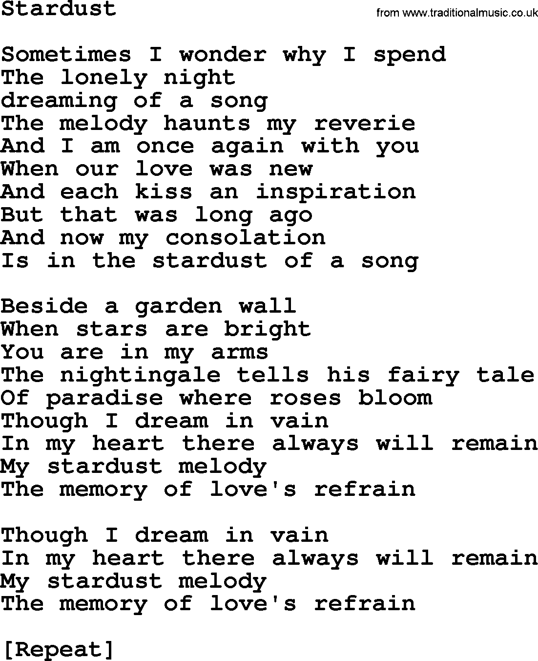 Willie Nelson song: Stardust lyrics