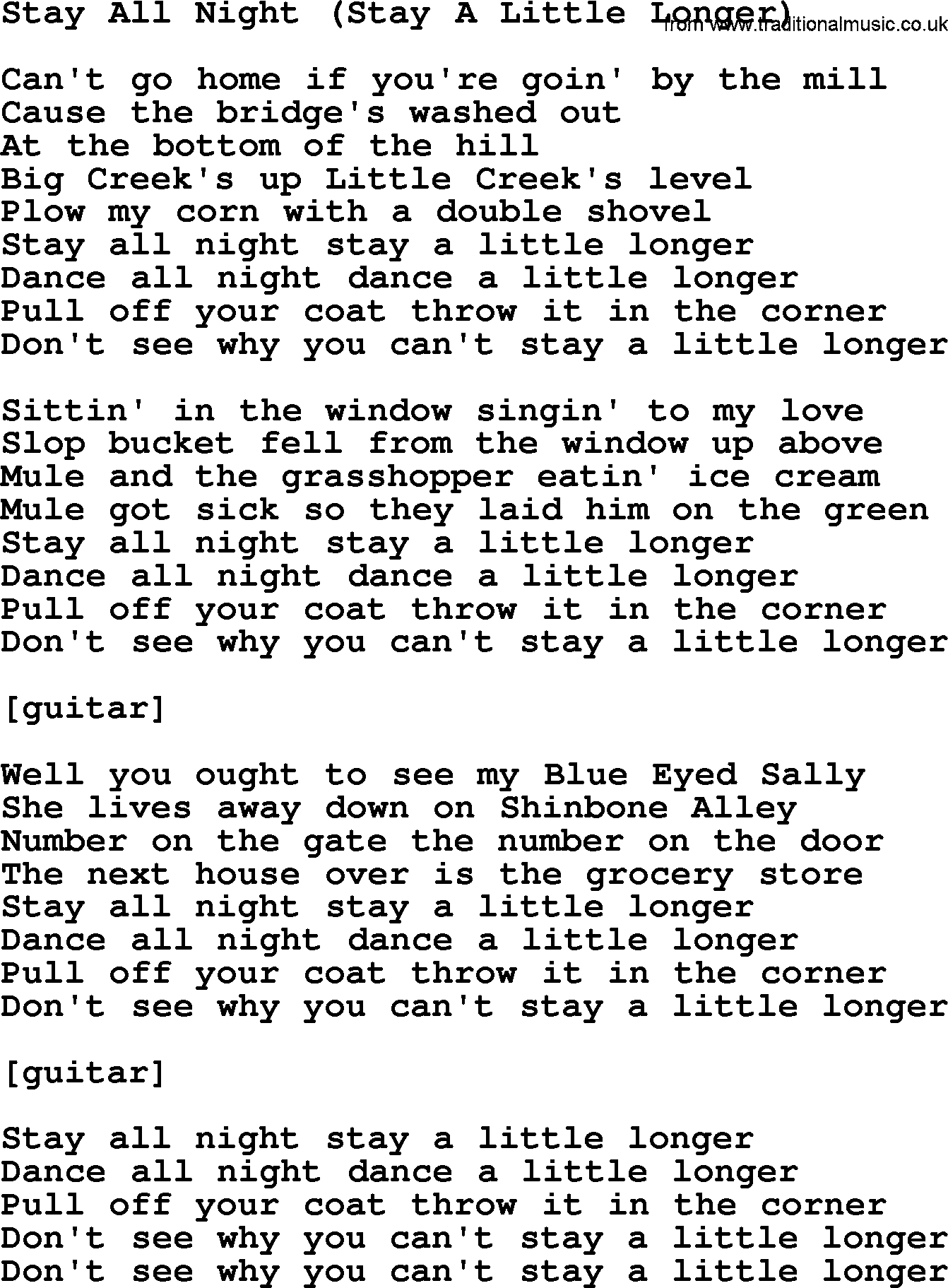 Willie Nelson song: Stay All Night (Stay A Little Longer) lyrics