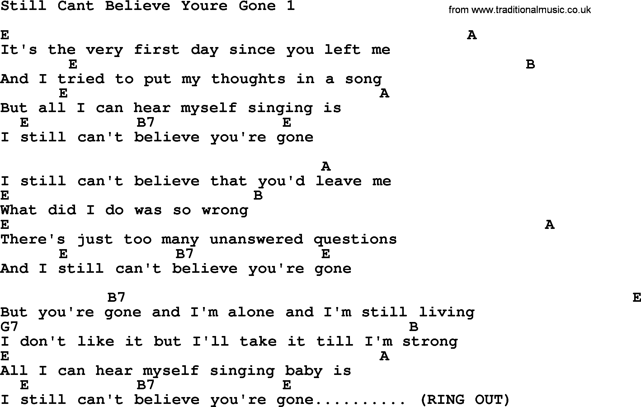 Willie Nelson song: Still Cant Believe Youre Gone 1, lyrics and chords