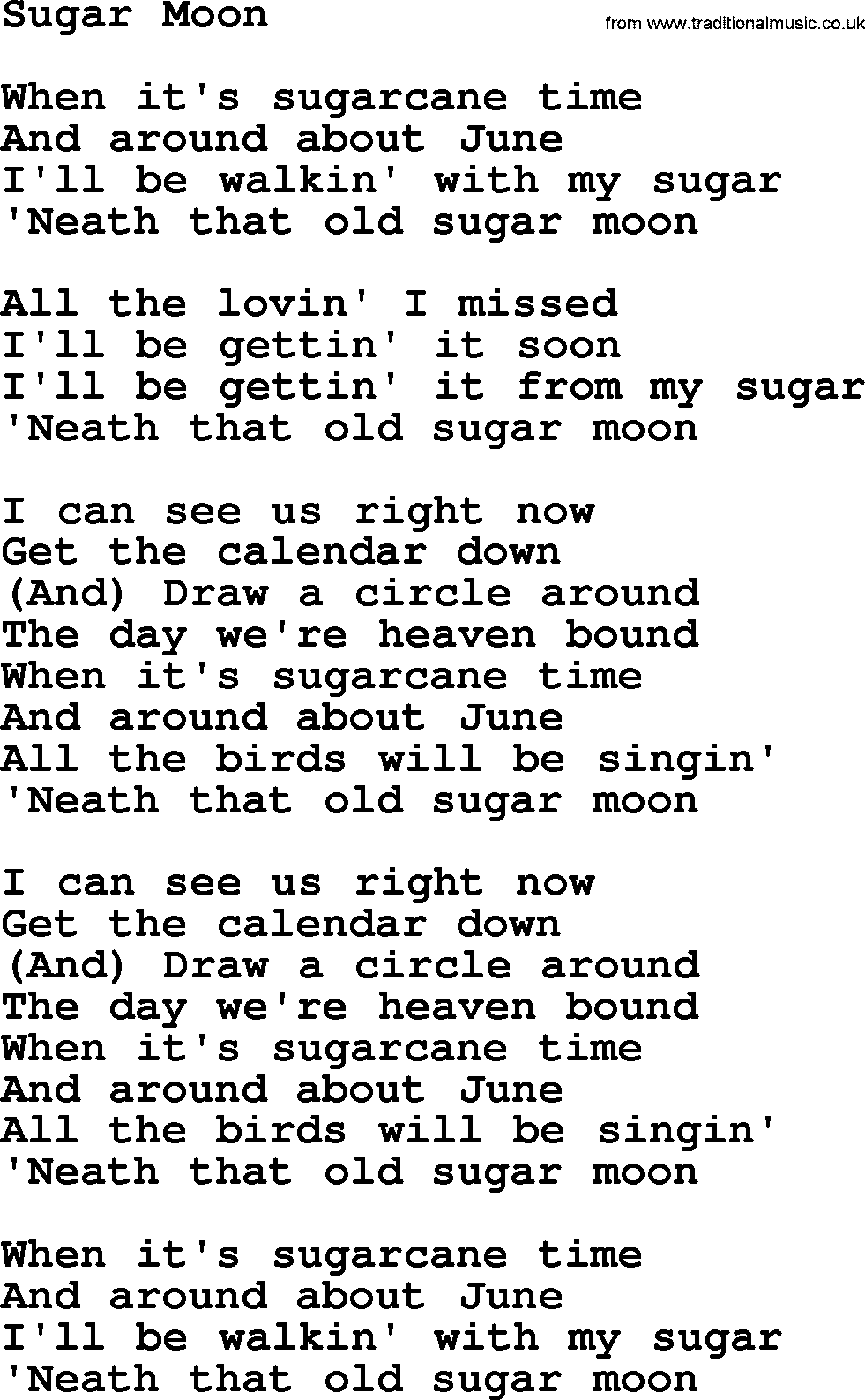Willie Nelson song: Sugar Moon lyrics