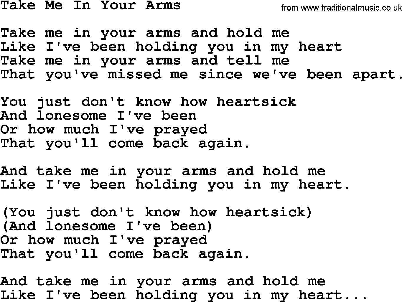 Willie Nelson song: Take Me In Your Arms lyrics