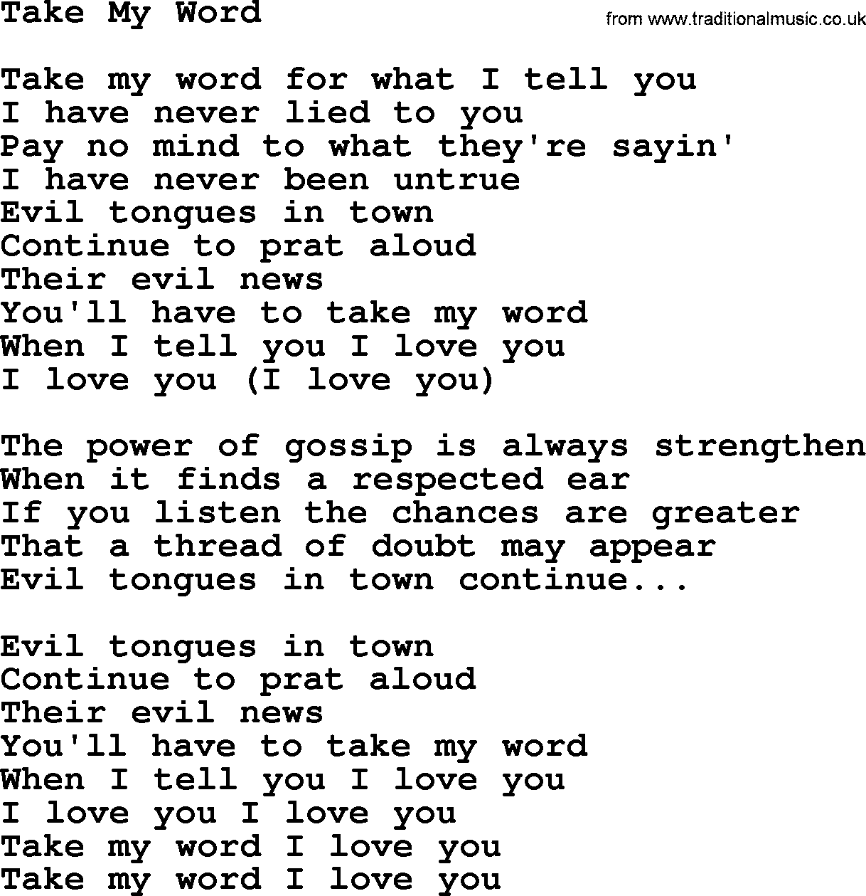 Willie Nelson song: Take My Word lyrics