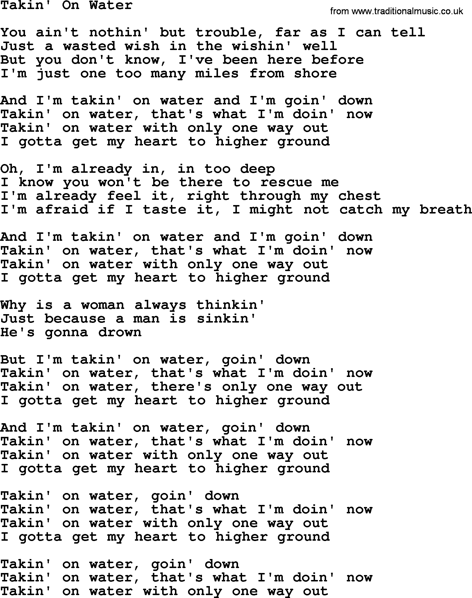 Willie Nelson song: Takin' On Water lyrics