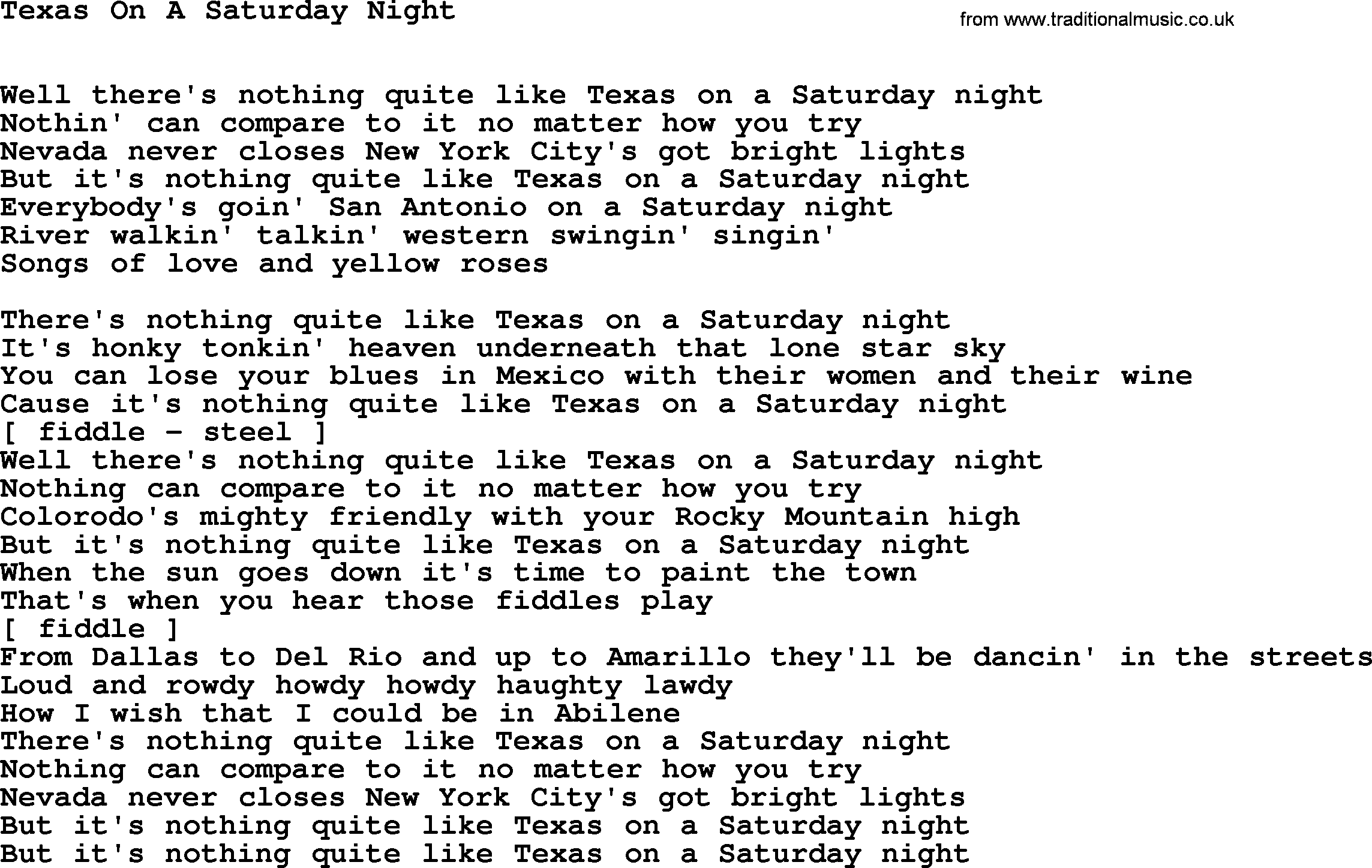Willie Nelson song: Texas On A Saturday Night lyrics