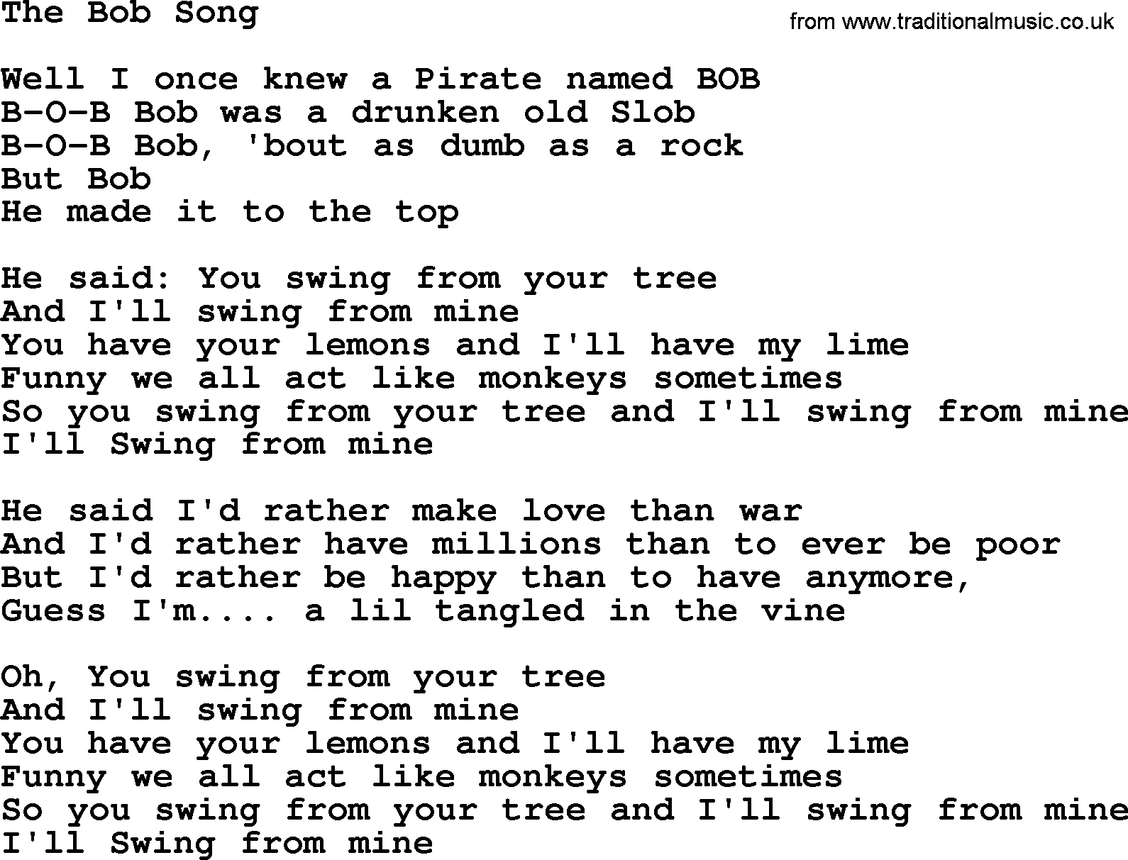 Willie Nelson song: The Bob Song lyrics