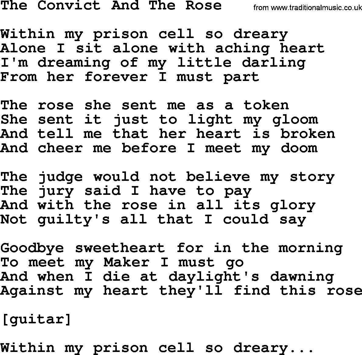 Willie Nelson song: The Convict And The Rose lyrics