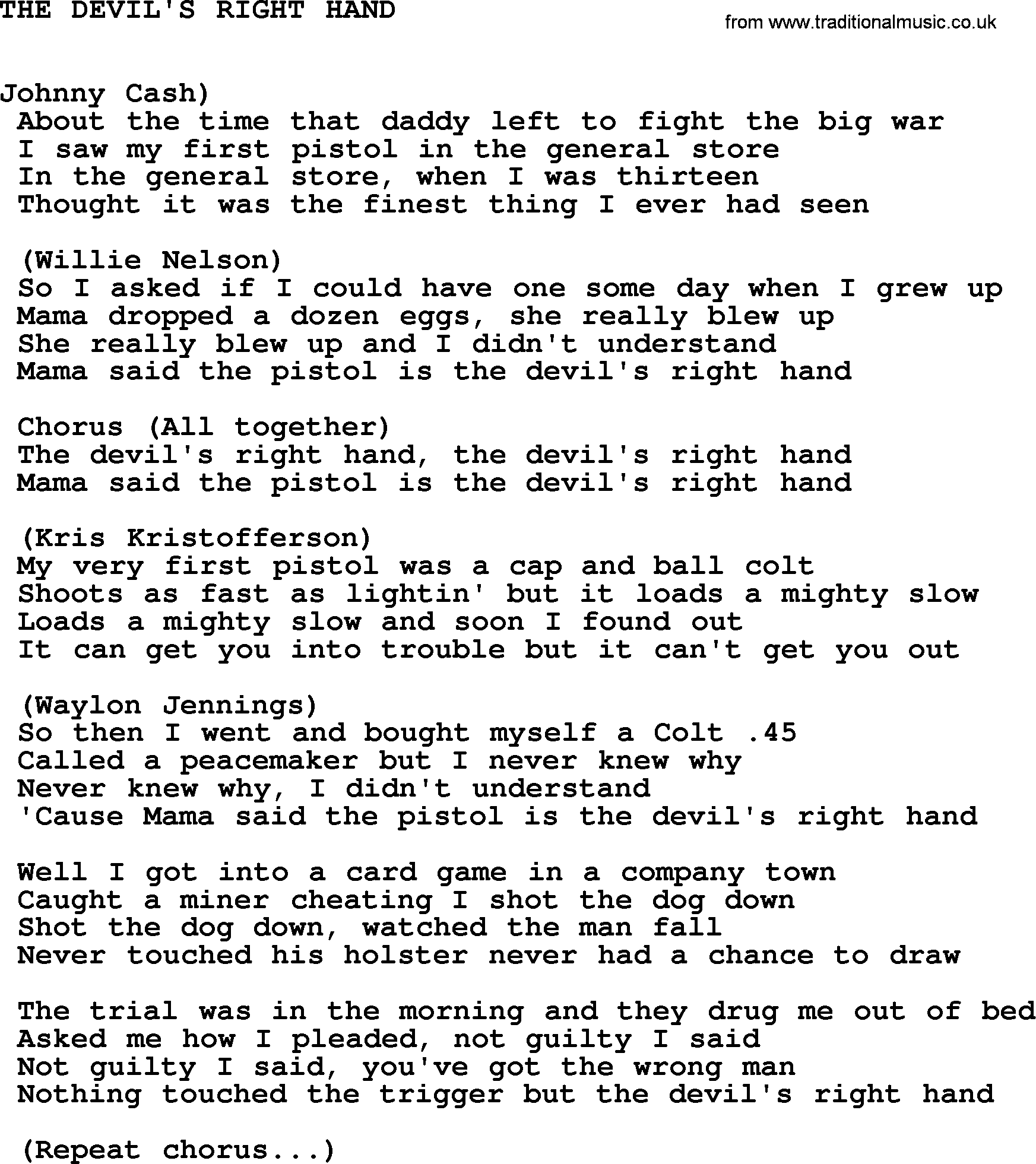 Willie Nelson song: THE DEVIL'S RIGHT HAND lyrics