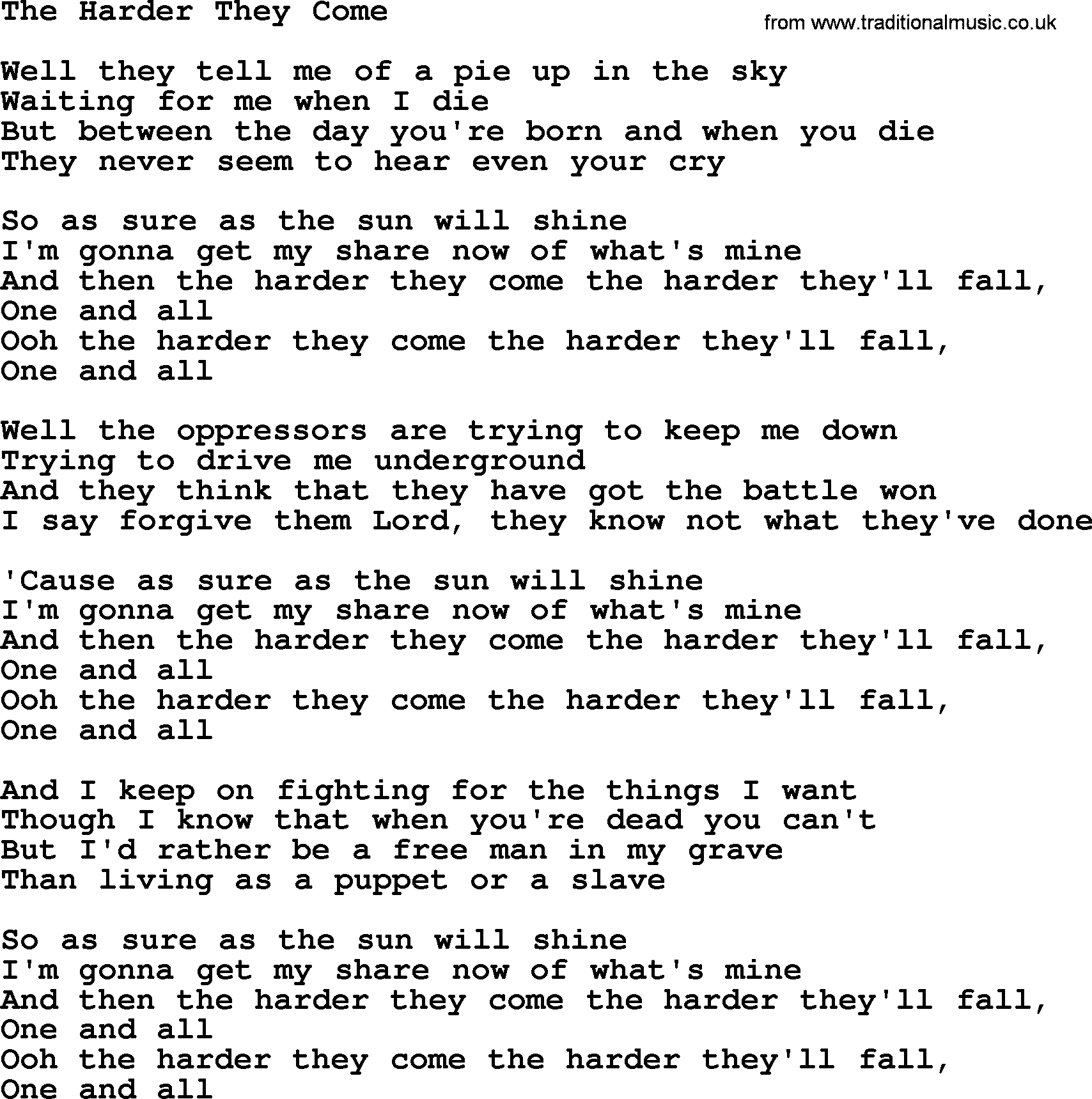 Willie Nelson song: The Harder They Come lyrics
