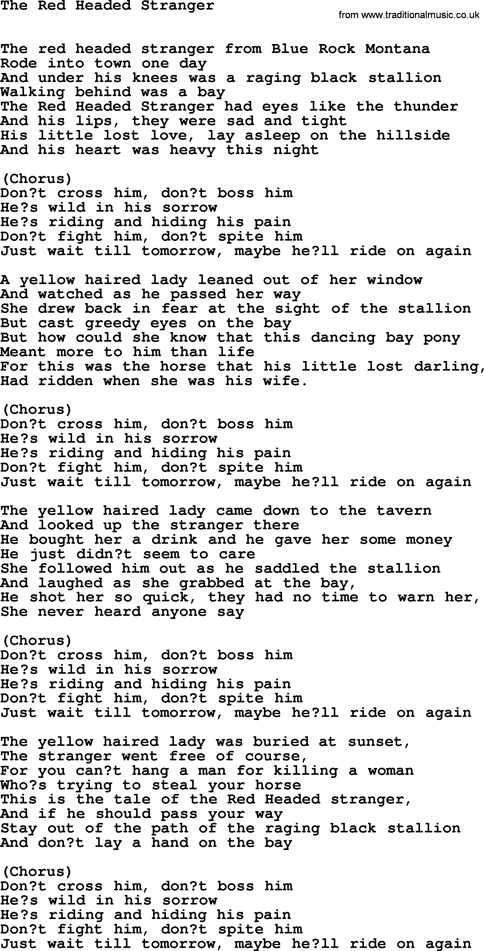 Willie Nelson song: The Red Headed Stranger lyrics