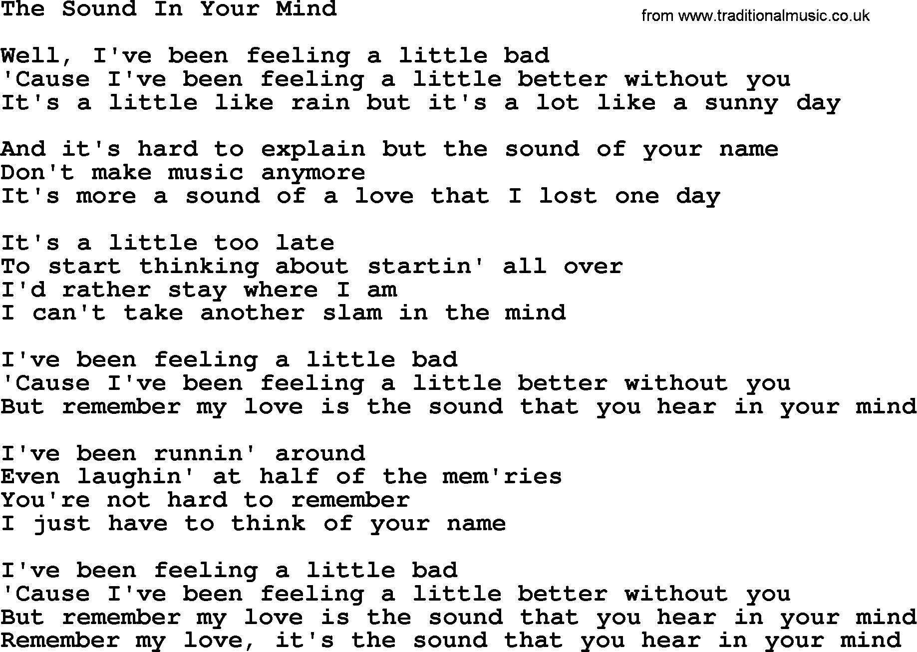 Willie Nelson song: The Sound In Your Mind lyrics