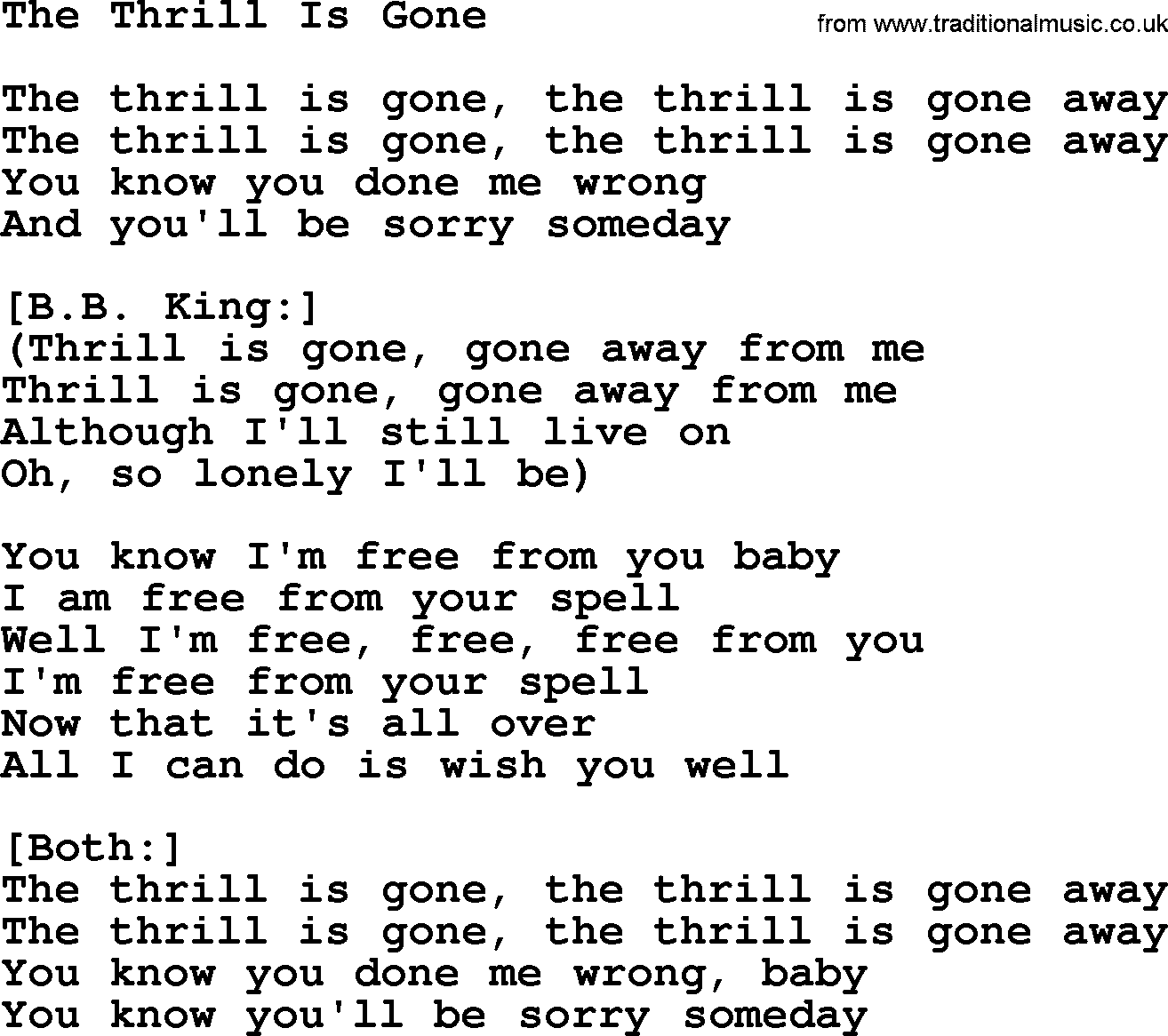Willie Nelson song: The Thrill Is Gone lyrics